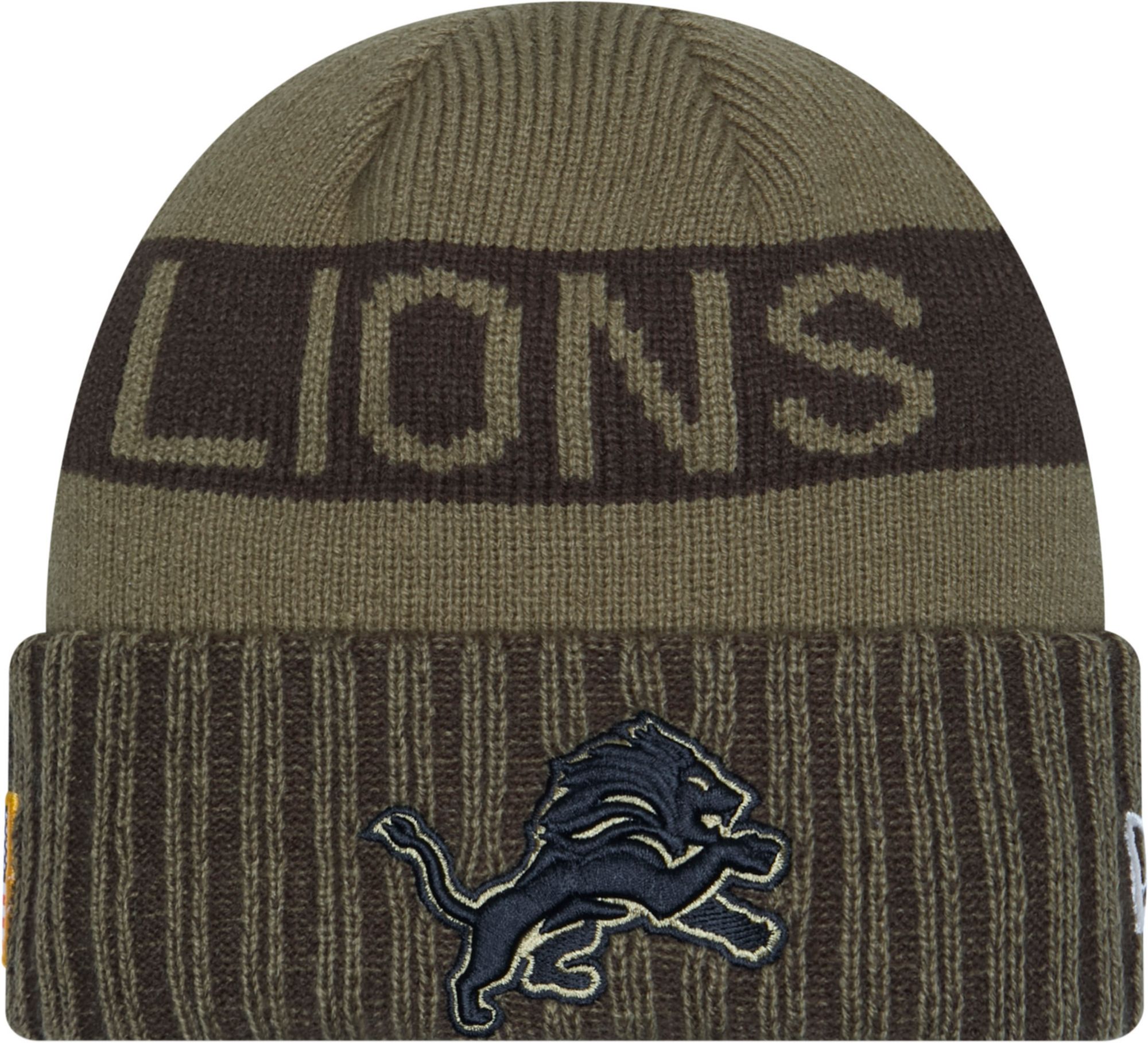 New Era Adult Detroit Lions Salute To Service 2025 Olive Green Knit Beanie product image