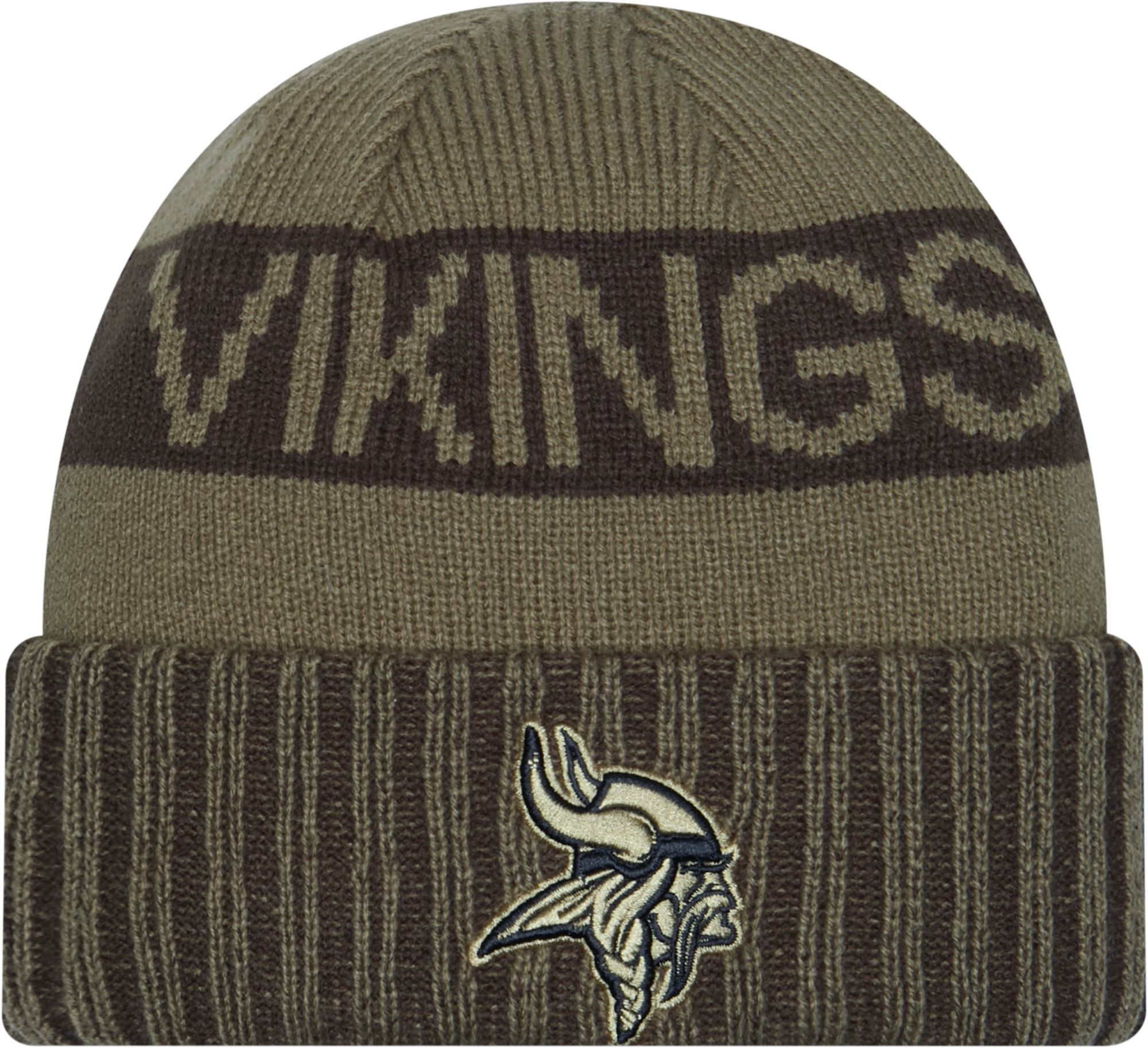 New Era Adult Minnesota Vikings Salute To Service 2025 Olive Green Knit Beanie product image