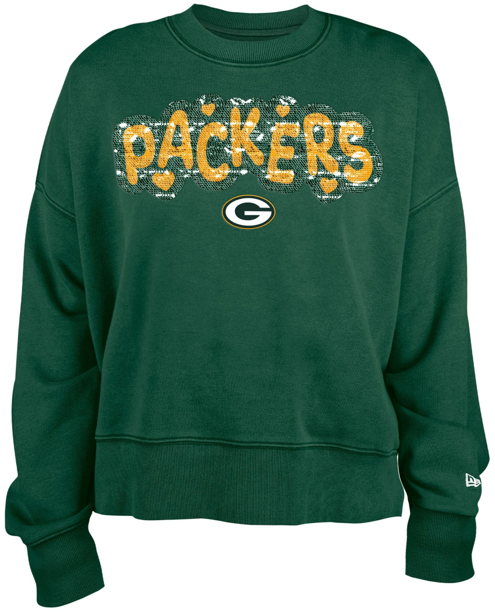 New Era Youth Green Bay Packers Dark Green Sequin Flip Crew Pullover Sweatshirt product image