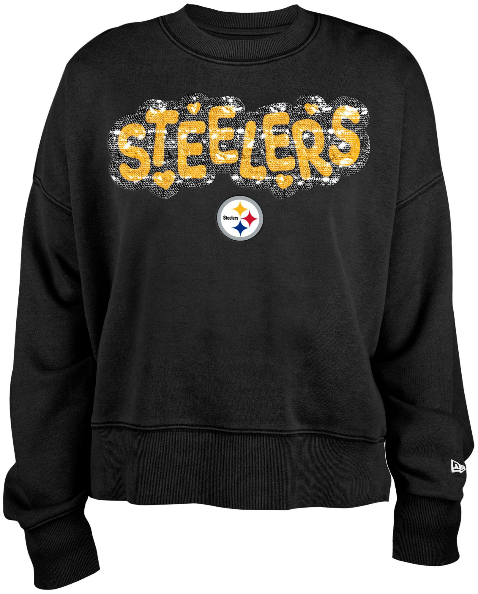 New Era Youth Pittsburgh Steelers Black Sequin Flip Crew Pullover Sweatshirt product image
