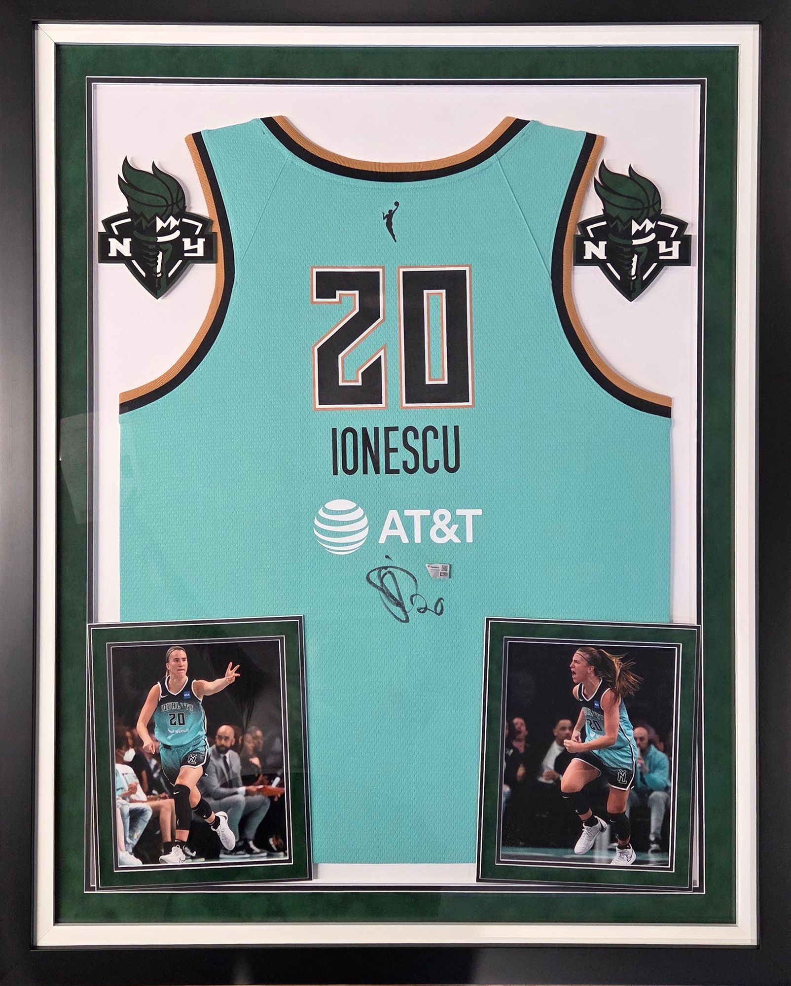 Framed WNBA New York Liberty Sabrina Ionescu #20 Authentic Autographed Jersey (Framed under glass, double-matted $250 value) product image