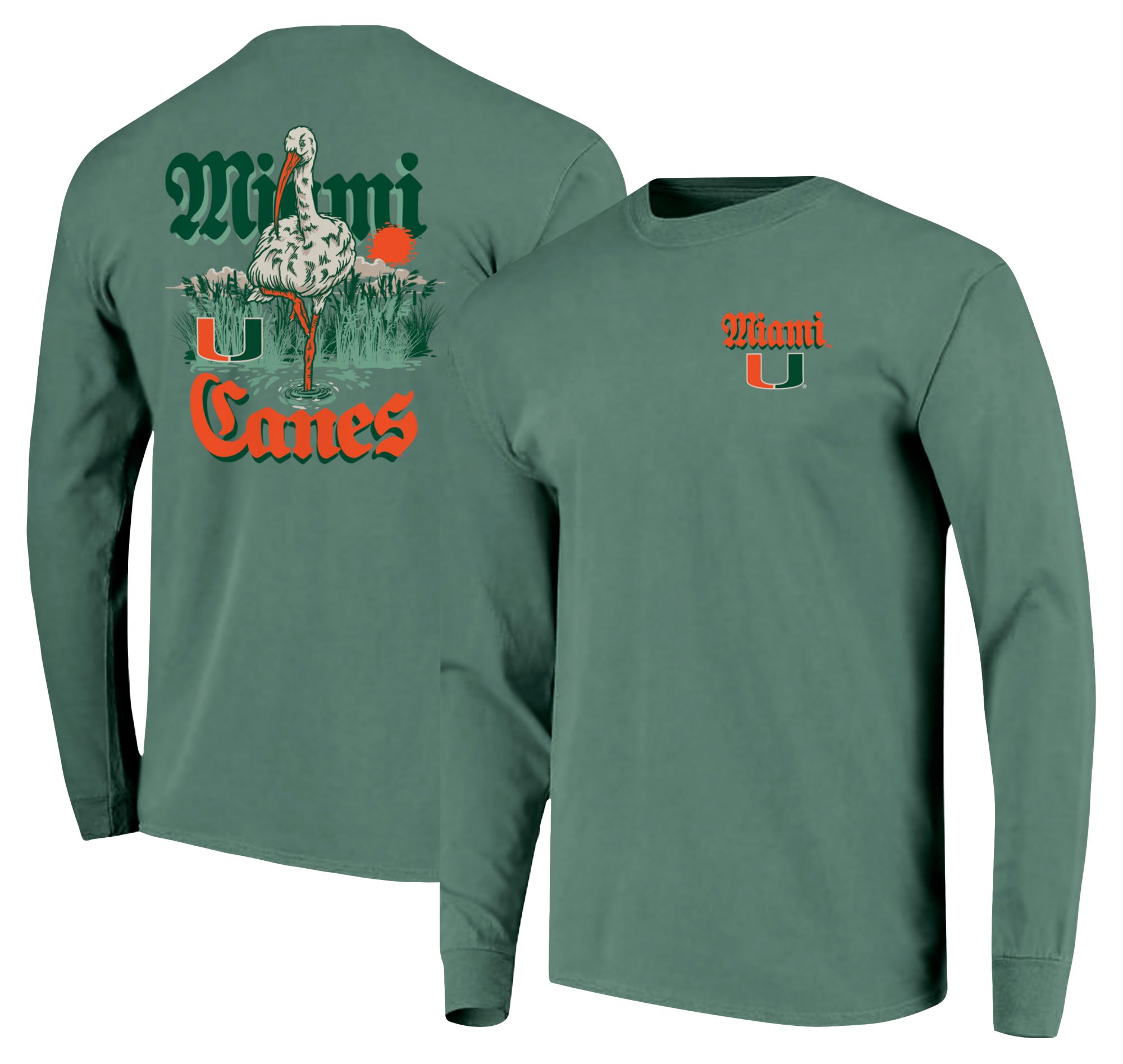 Image One Men's Miami (FL) Hurricanes Light Green Mascot Swamp Standing Long Sleeve T-Shirt product image