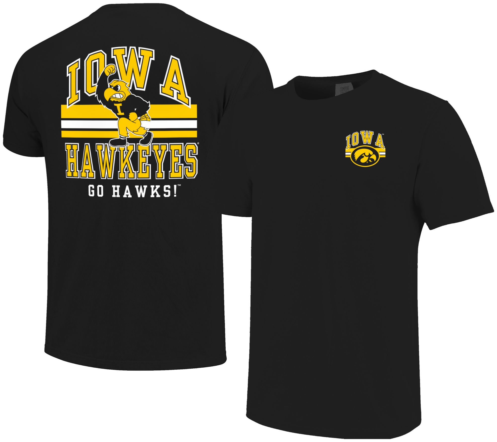 Image One Men's Iowa Hawkeyes Black Mascot Arched Short Sleeve T-Shirt product image