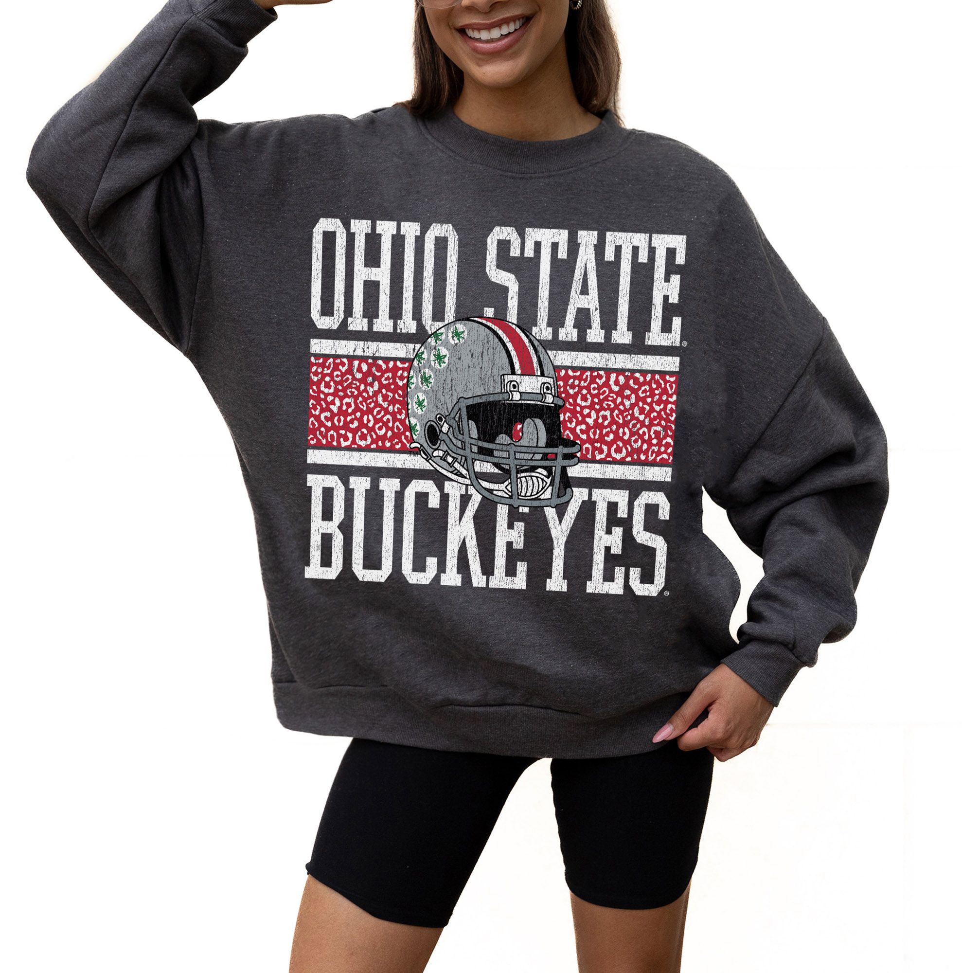 Gameday Couture Women's Ohio State Buckeyes Grey Leopard Football Crew Pullover Sweatshirt product image