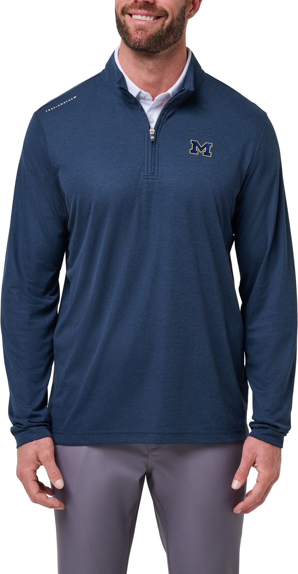 TravisMathew Men's Michigan Wolverines Navy 'Time to Tailgate' Quarter-Zip Pullover Jacket product image