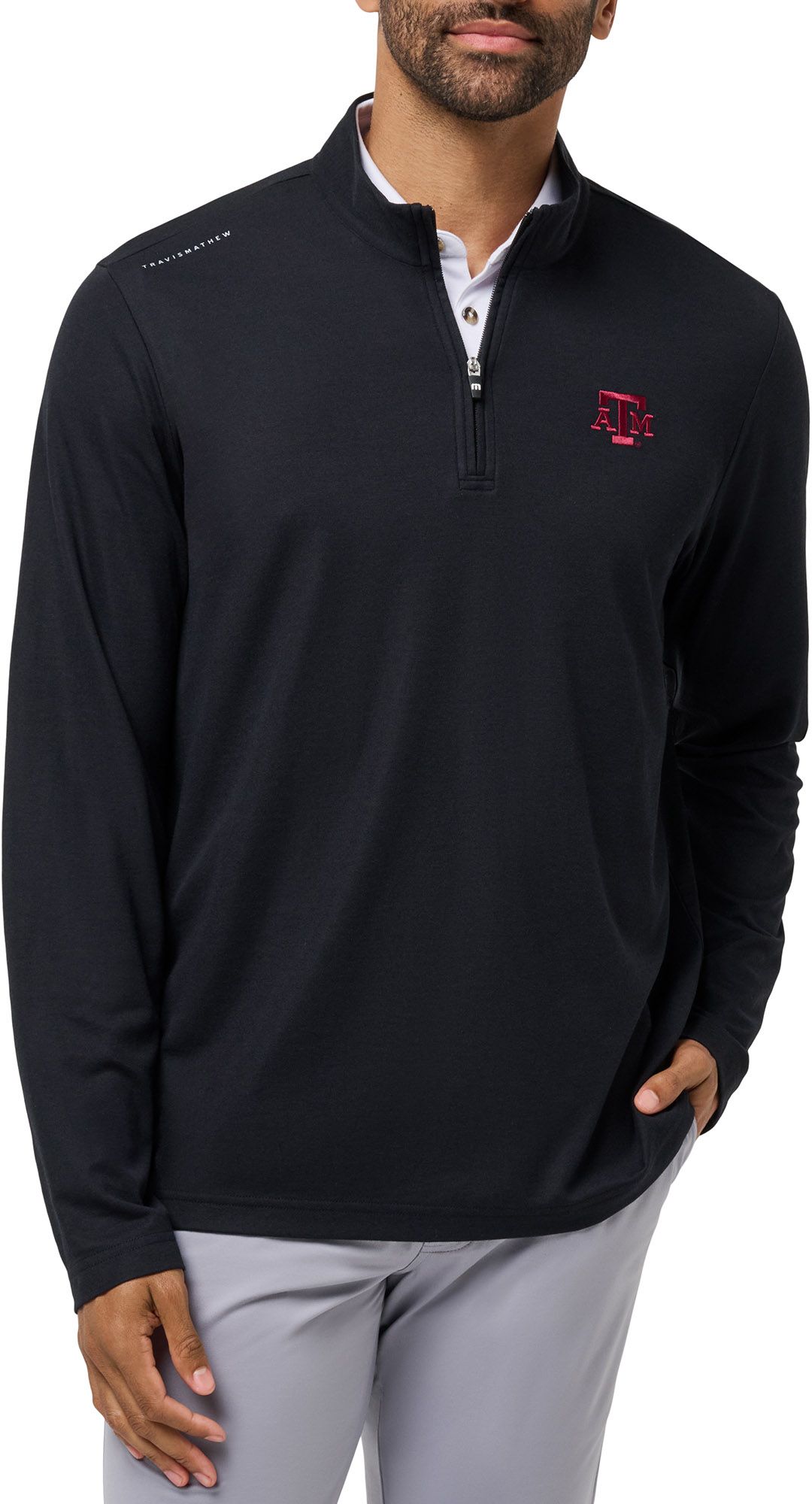 TravisMathew Men's Texas A&M Aggies Black 'Time to Tailgate' Quarter-Zip Pullover Jacket product image