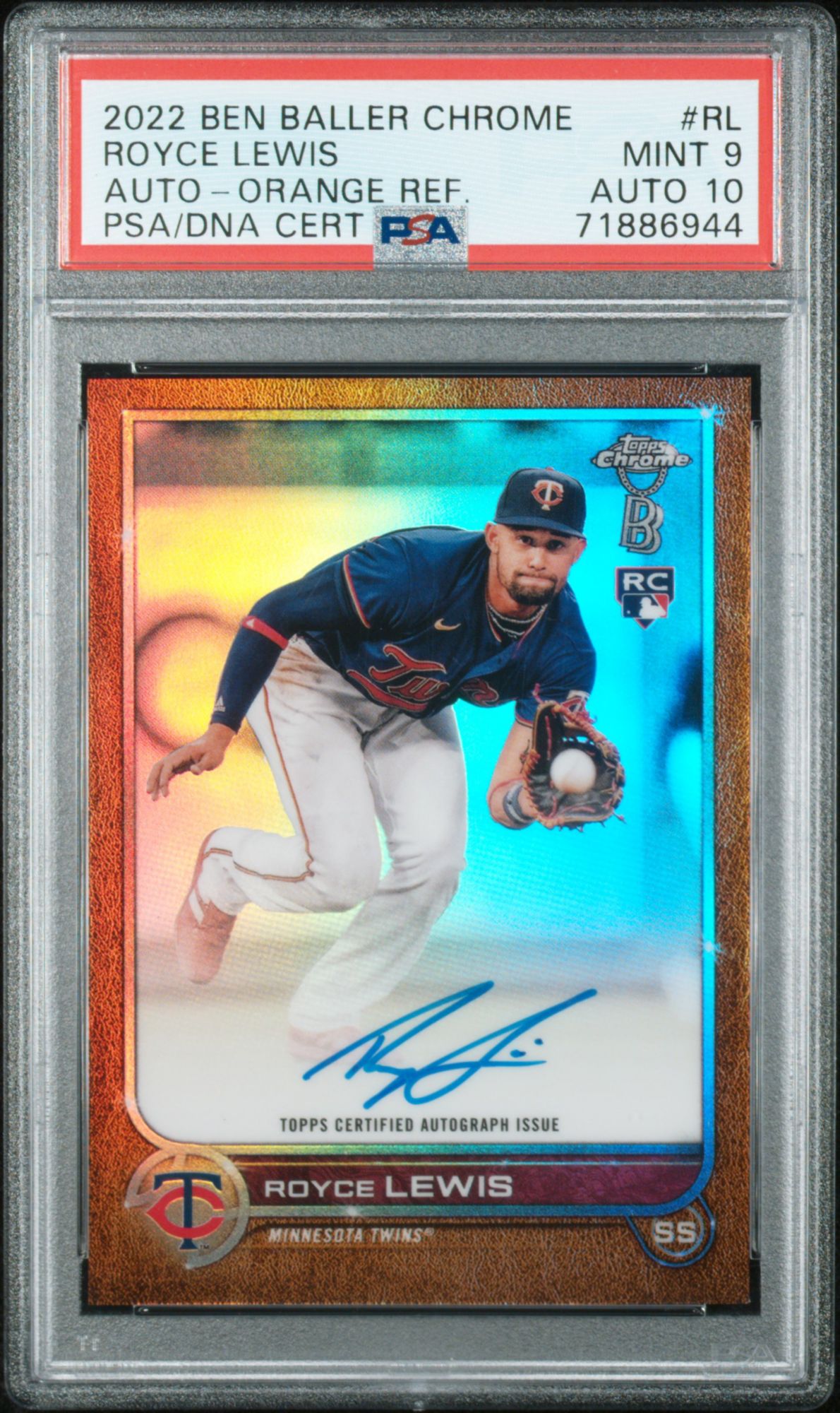2022 Topps Chrome Ben Baller Autographs Rl Royce Lewis Orange Refractor PSA 9 product image