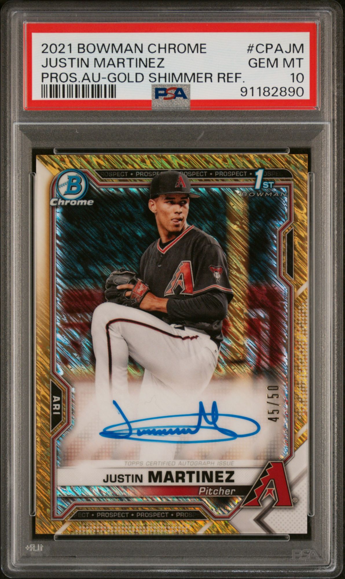 2021 Bowman Chrome Prospect Autographs Justin Martinez Gold Shimmer Refractor PSA 10 product image