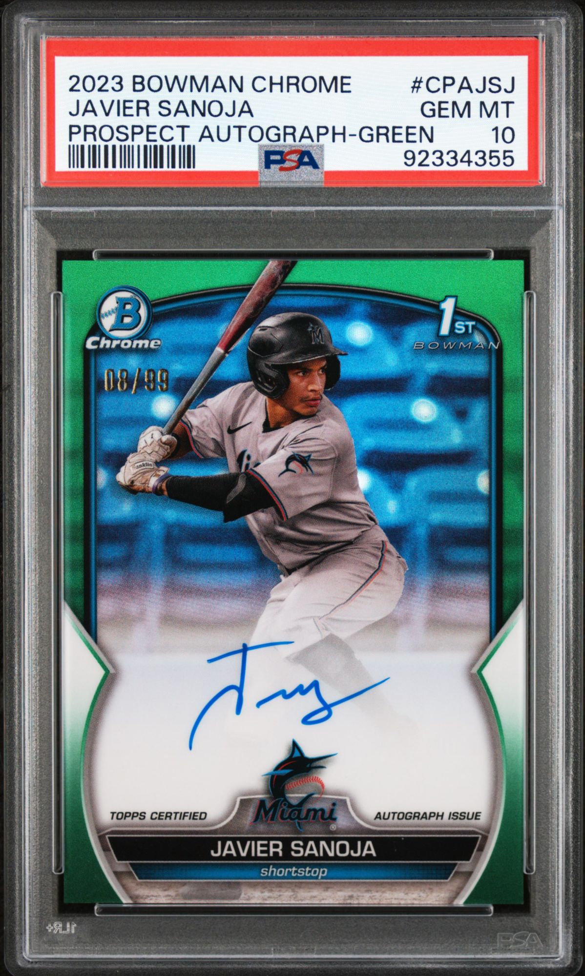 2023 Bowman Chrome Prospect Autographs Javier Sanoja Green Refractor PSA 10 product image