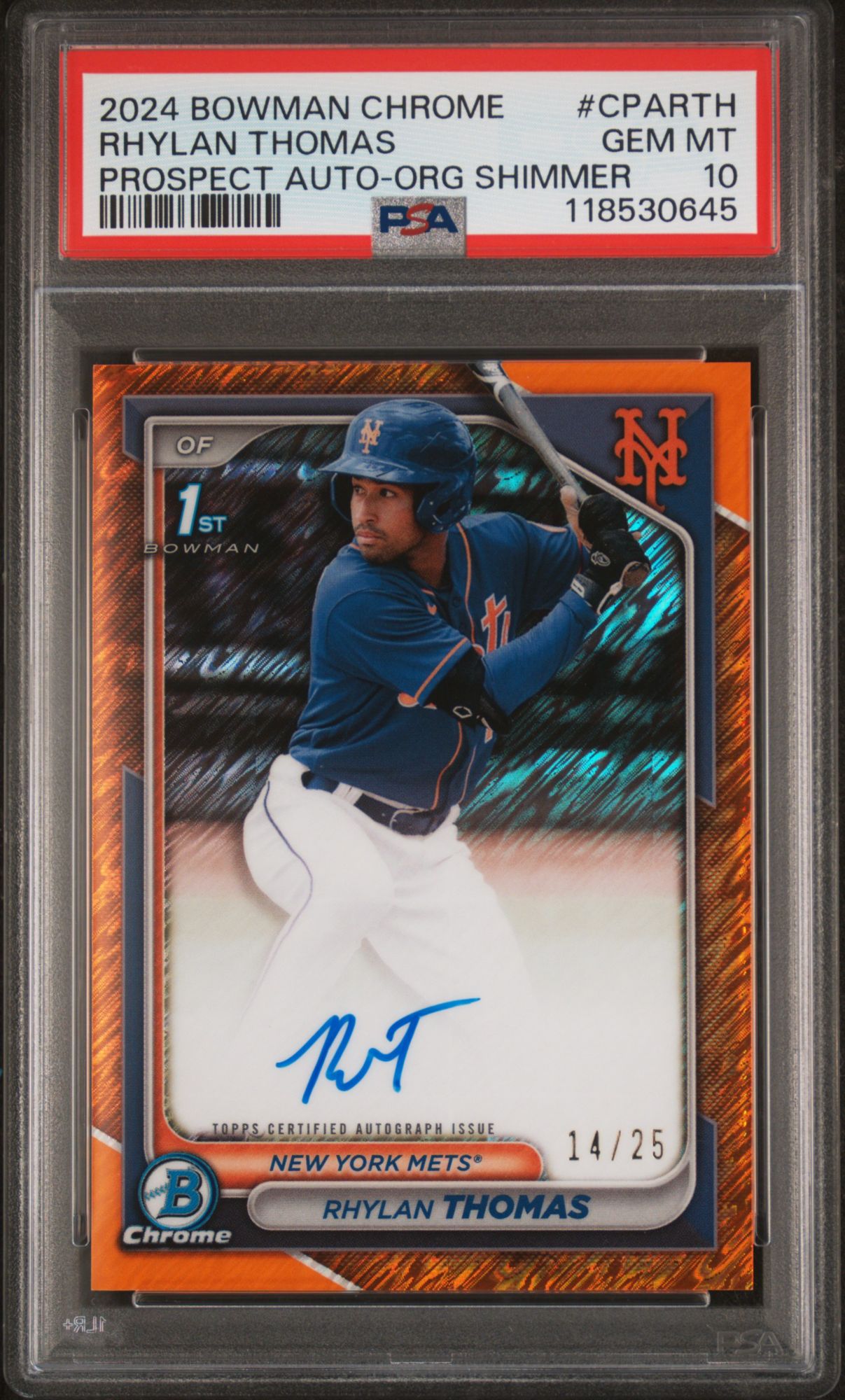 2024 Bowman Chrome Prospect Autographs Rhylan Thomas Orange Shimmer PSA 10 product image