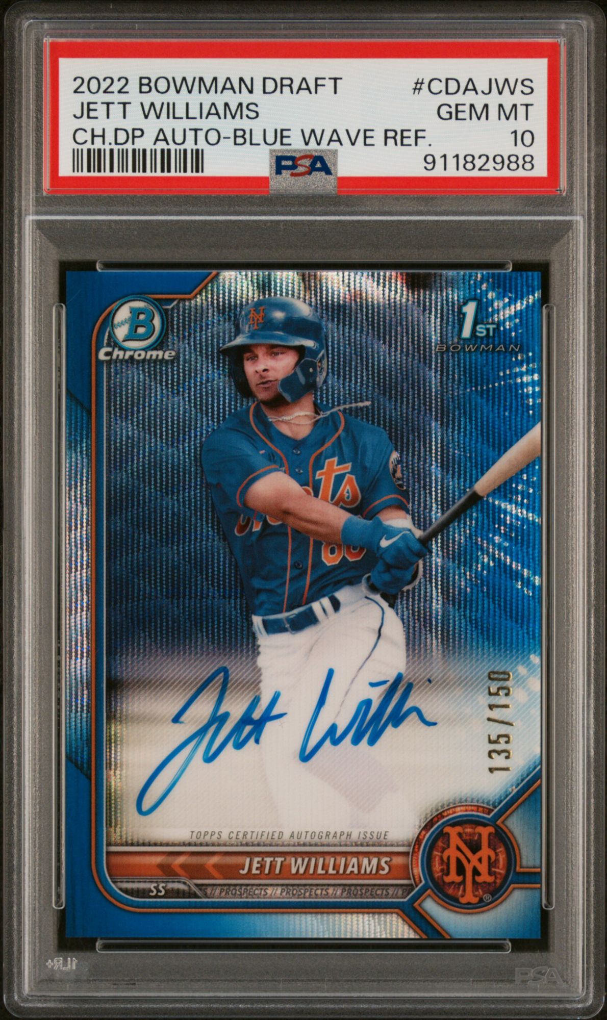 2022 Bowman Draft Chrome Draft Pick Autographs Jett Williams Blue Wave Refractor PSA 10 product image