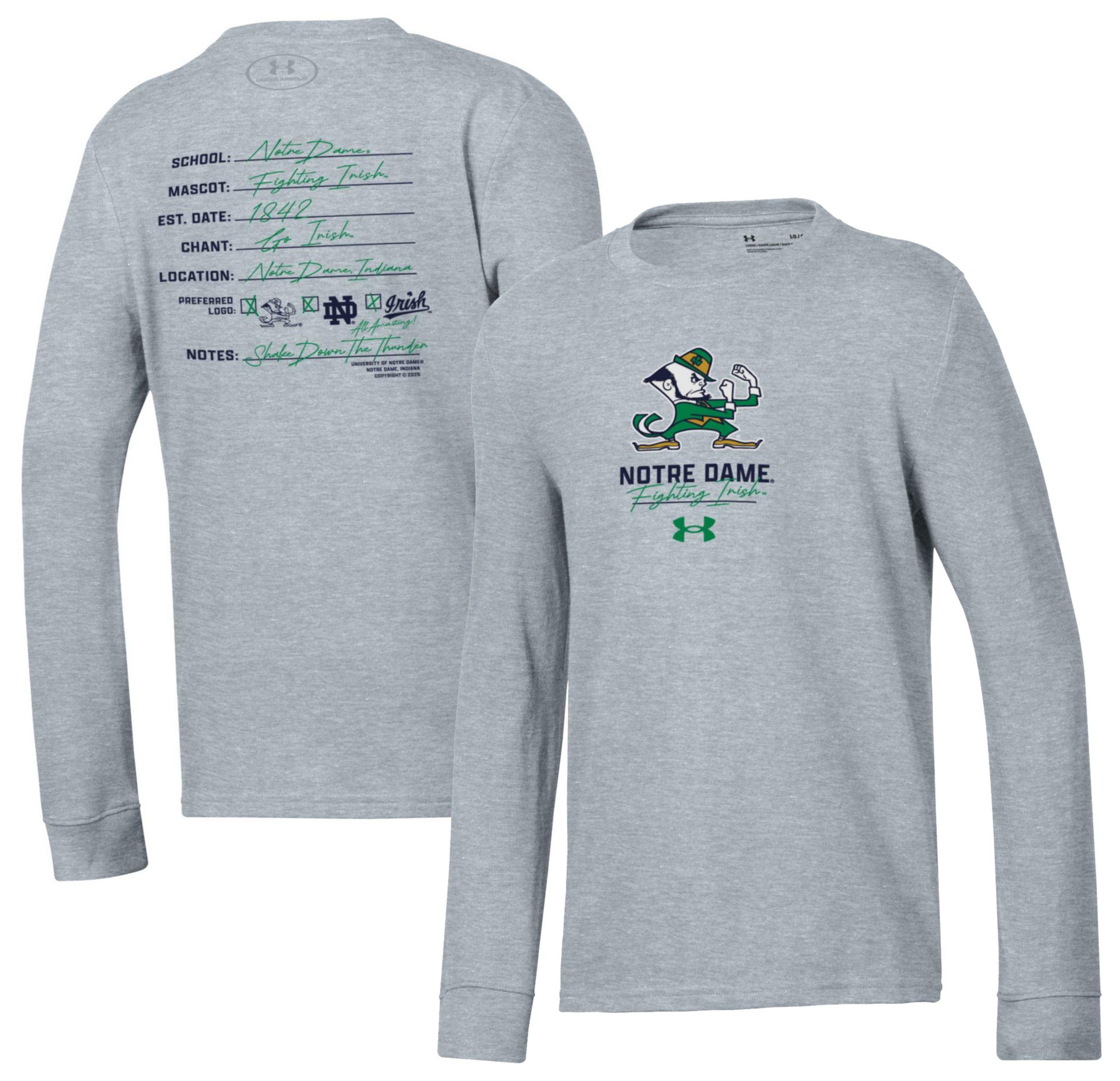 Under Armour Youth Notre Dame Fighting Irish Grey Performance Cotton Long Sleeve T-Shirt product image