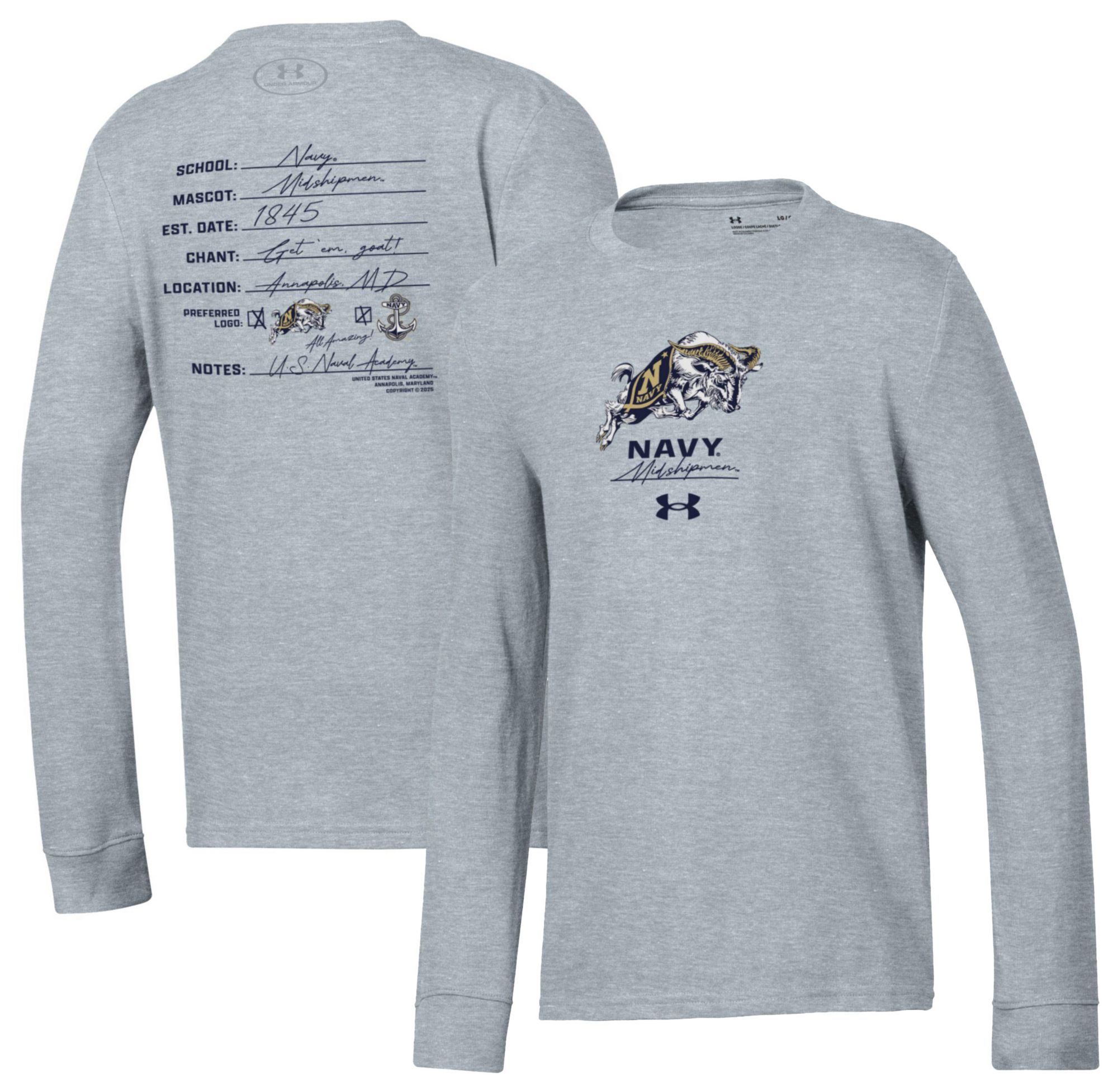 Under Armour Youth Navy Midshipmen Grey Performance Cotton Long Sleeve T-Shirt product image