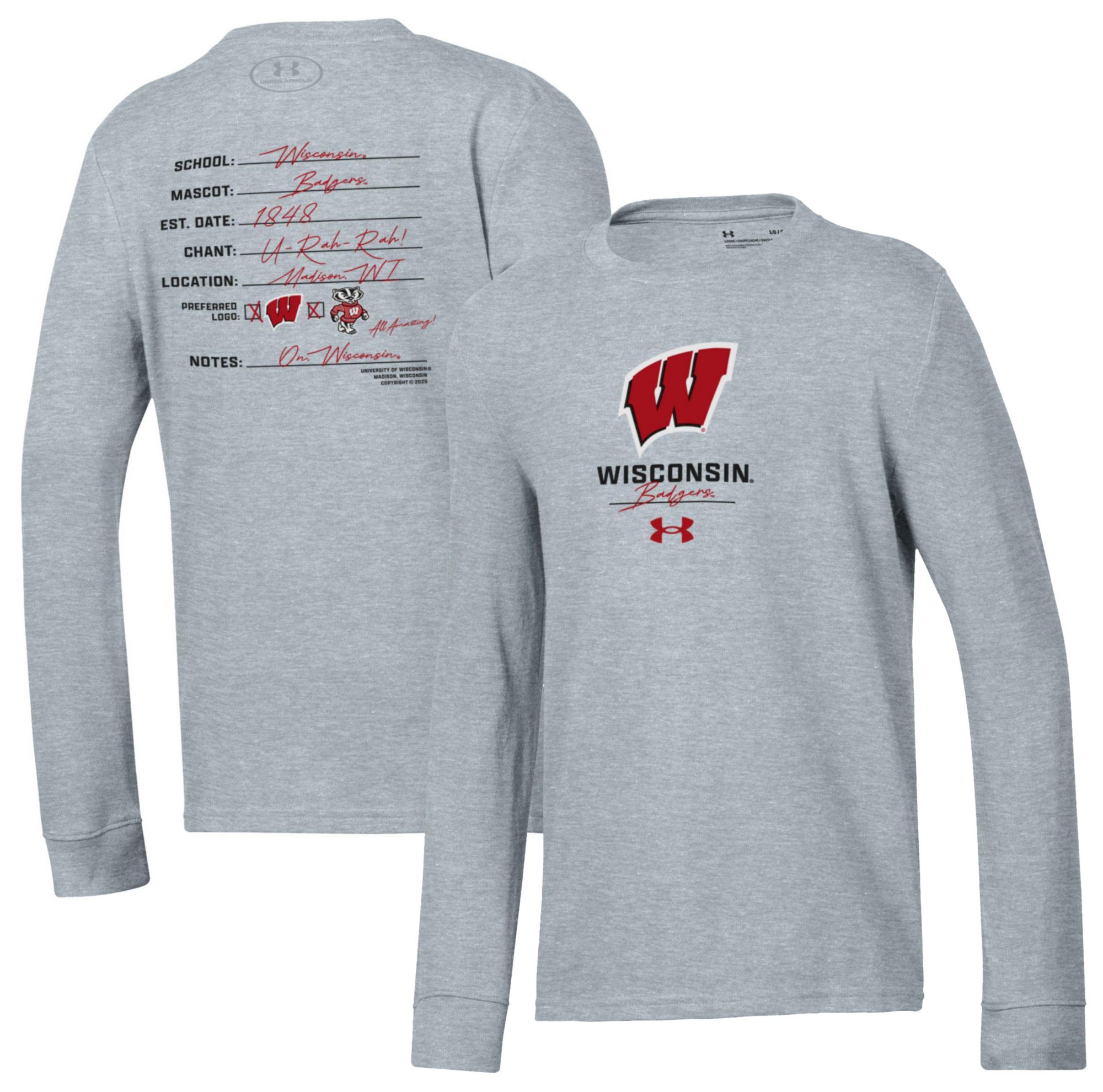 Under Armour Youth Wisconsin Badgers Grey Performance Cotton Long Sleeve T-Shirt product image