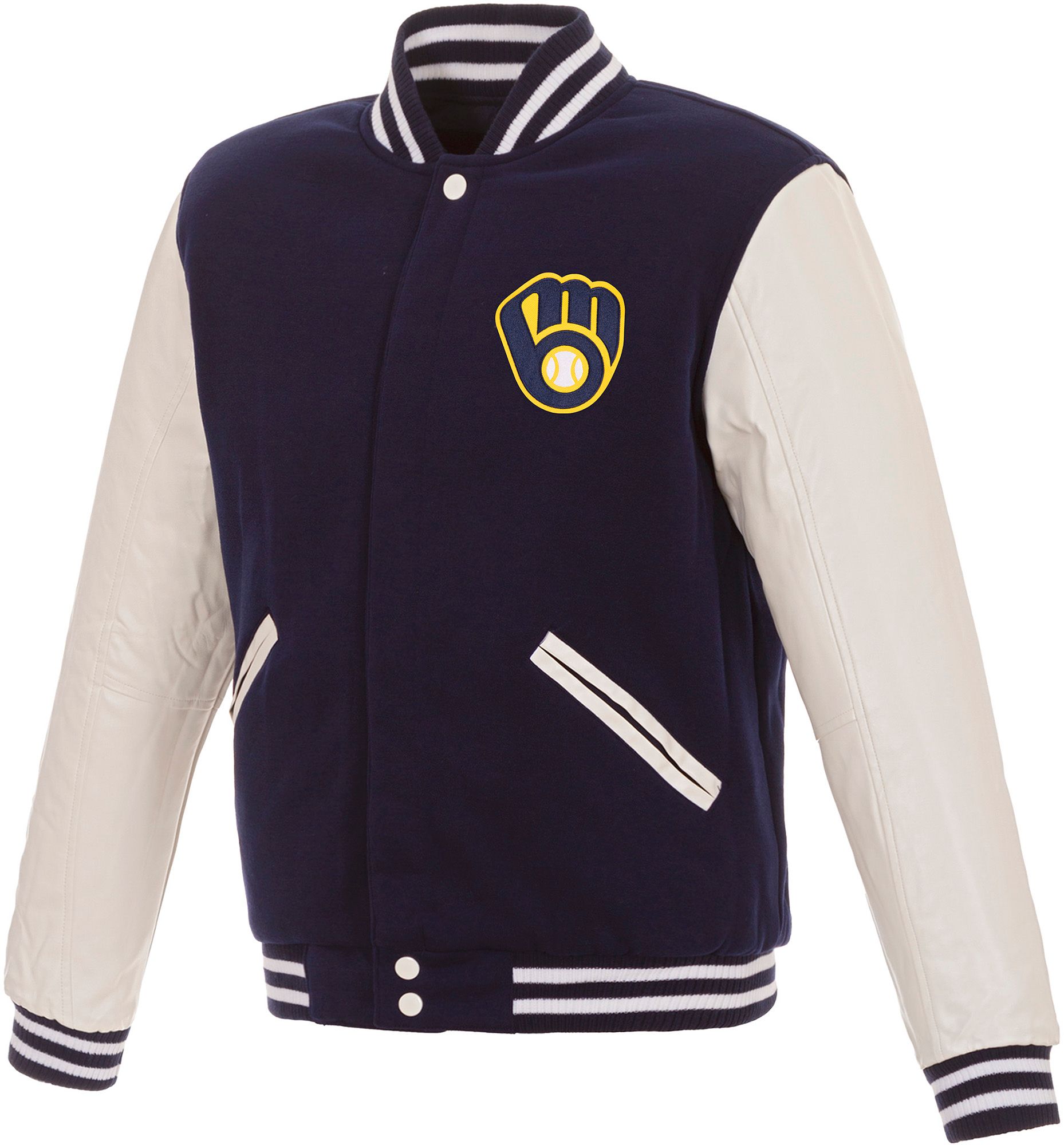 JH Design Men's Milwaukee Brewers Navy Reversible  Varsity Jacket product image