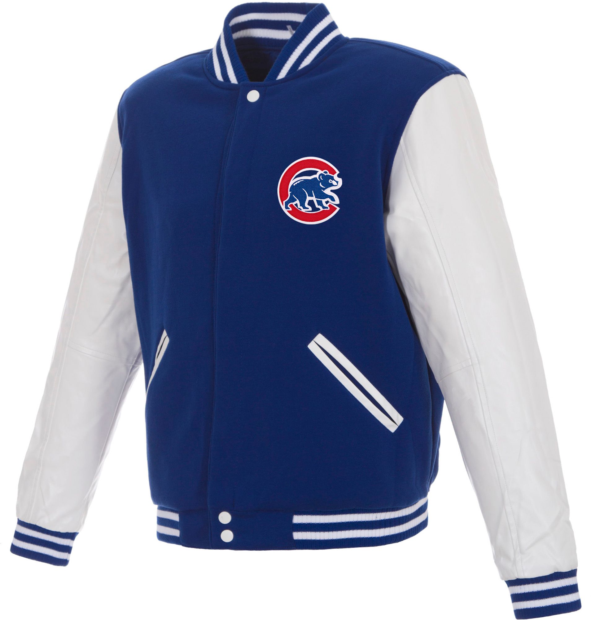 JH Design Men's Chicago Cubs Reversible Royal Varsity Jacket product image