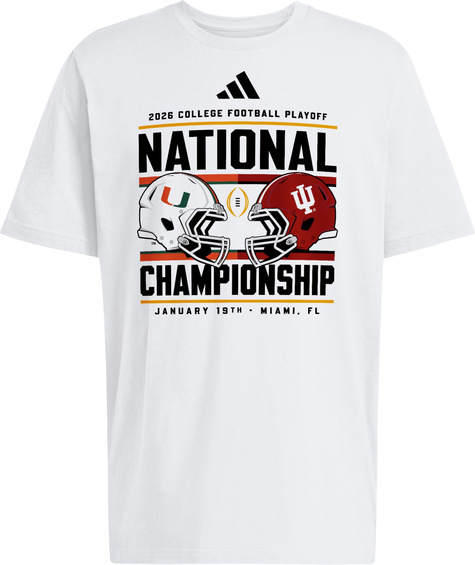 adidas Adult Indiana Hoosiers VS. Miami Hurricanes Dueling Helmet 2026 CFP National Championship White T-Shirt product image