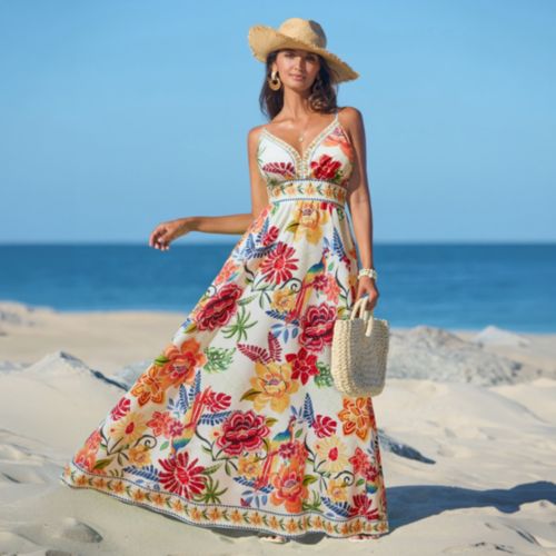 cupshe beach dresses Women's Twisted Dress V Neck Sleeveless Long Dress Floral Pleated Self Tie Back Adjustable Cami Maxi Dress Purple Floral Blue 98%POLYESTER Cupshe Women's Summer Flame Coral