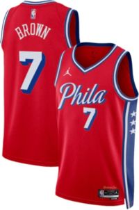 美品☆【ジェイプレス】ブルー　チェック柄　赤パイピング　背抜き　175 L Jordan Adult Philadelphia 76ers Jaylen Brown #7 Red Swingman
