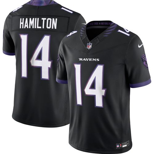 the ravens Big Silhouette Trainer 　kj着用 Nike Men's Baltimore Ravens Kyle Hamilton #14 Black Alternate Game
