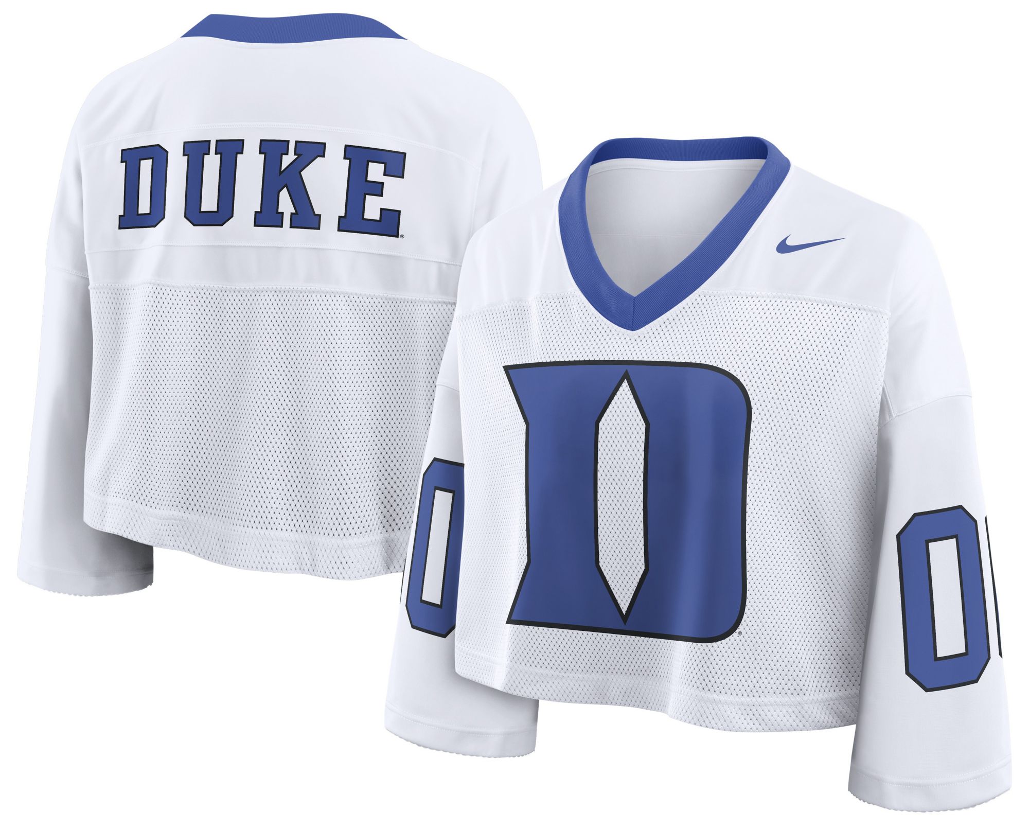 duke jersey dress Women's Nike White Blue Devils Oversized Logo Cropped Fashion Size: Medium duke basketball jersey and shorts
