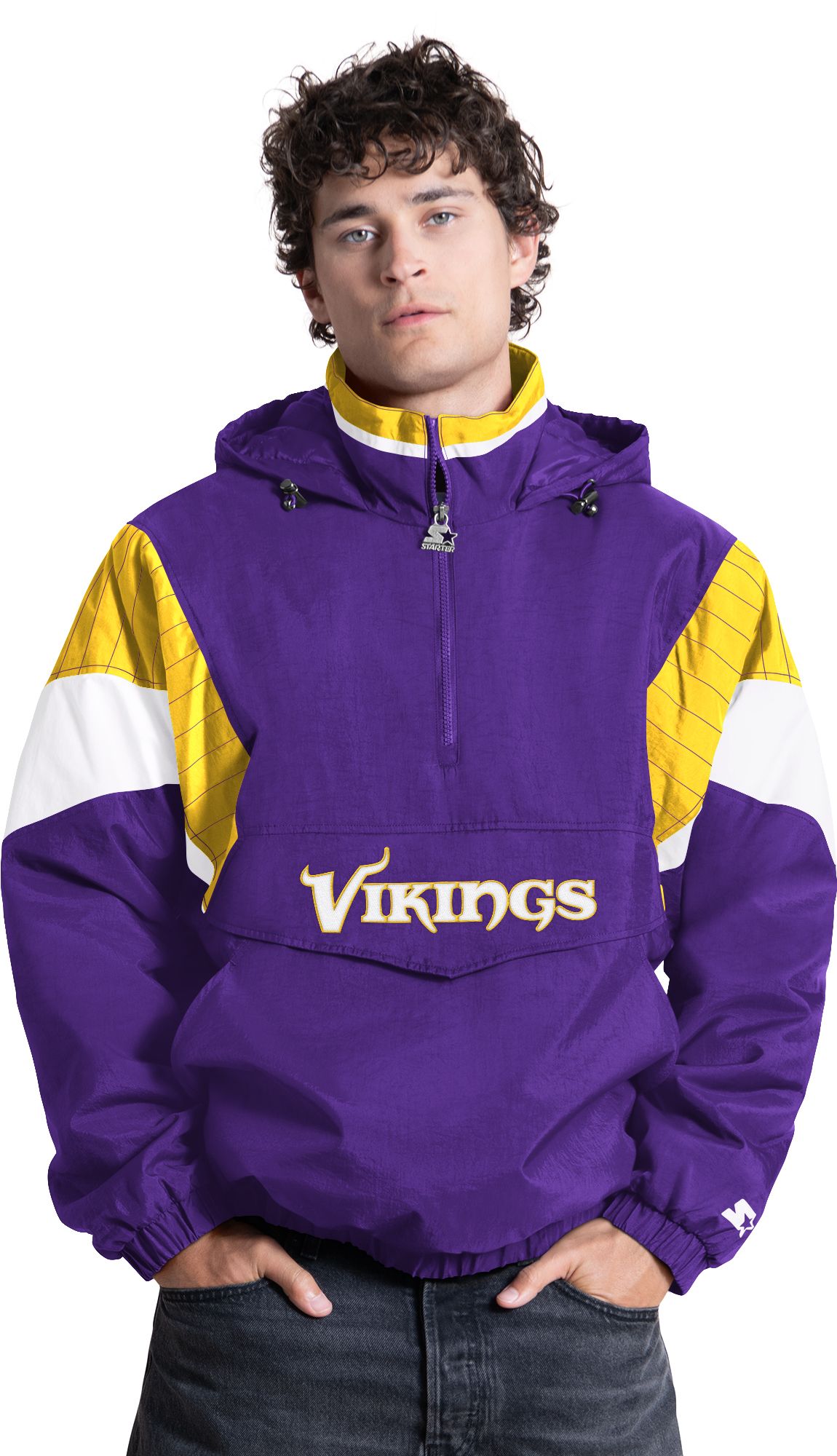 kwikieパーカー swag punkandyo fti 紫 短丈 Starter Men's Minnesota Vikings Purple Throwback 1/2 Zip Jacket