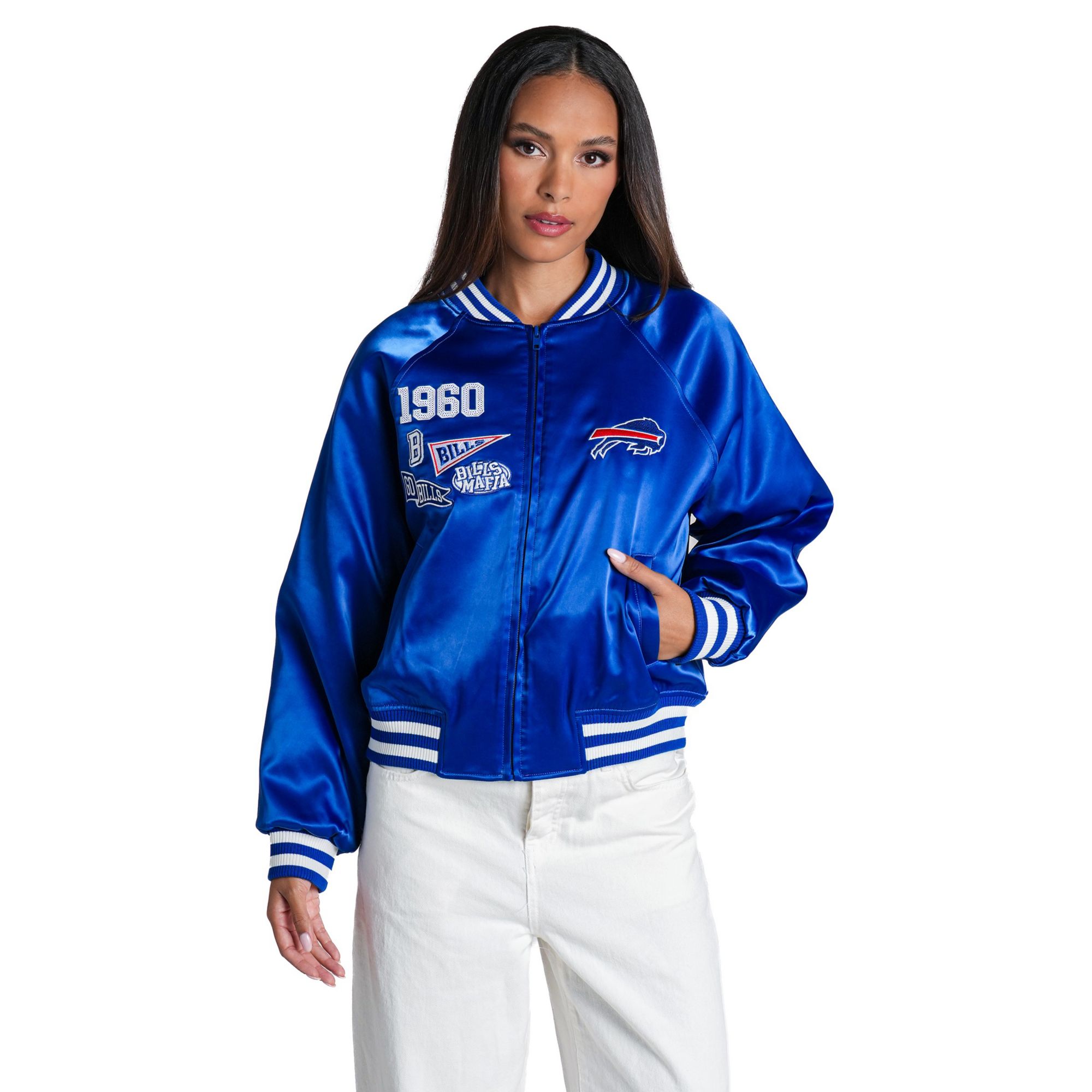 The Wild Collective Women's Buffalo Bills Satin Raglan Bomber