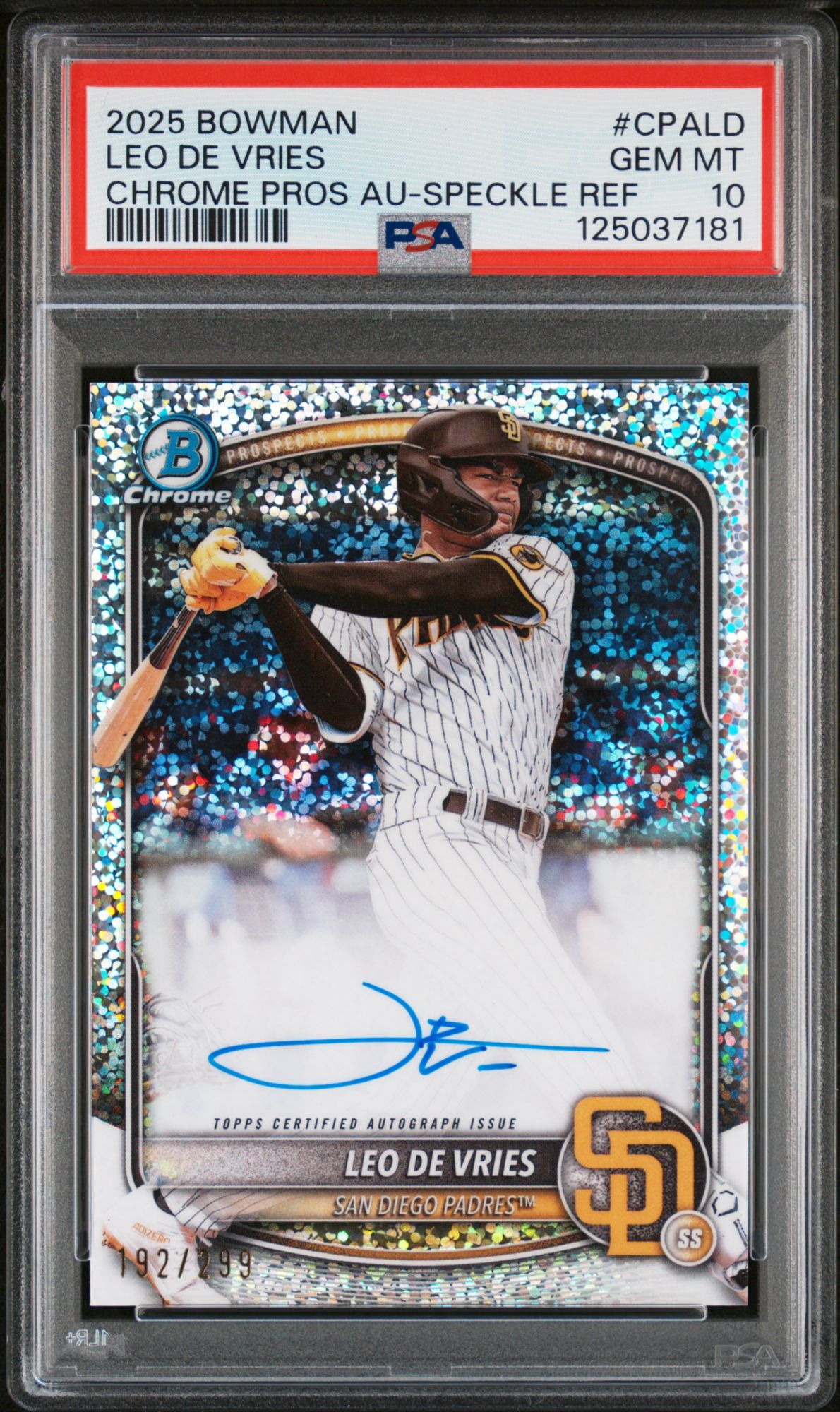 2025 Bowman Chrome Prospect Autographs Cpald Leo De Vries Speckle Refractor PSA 10 product image