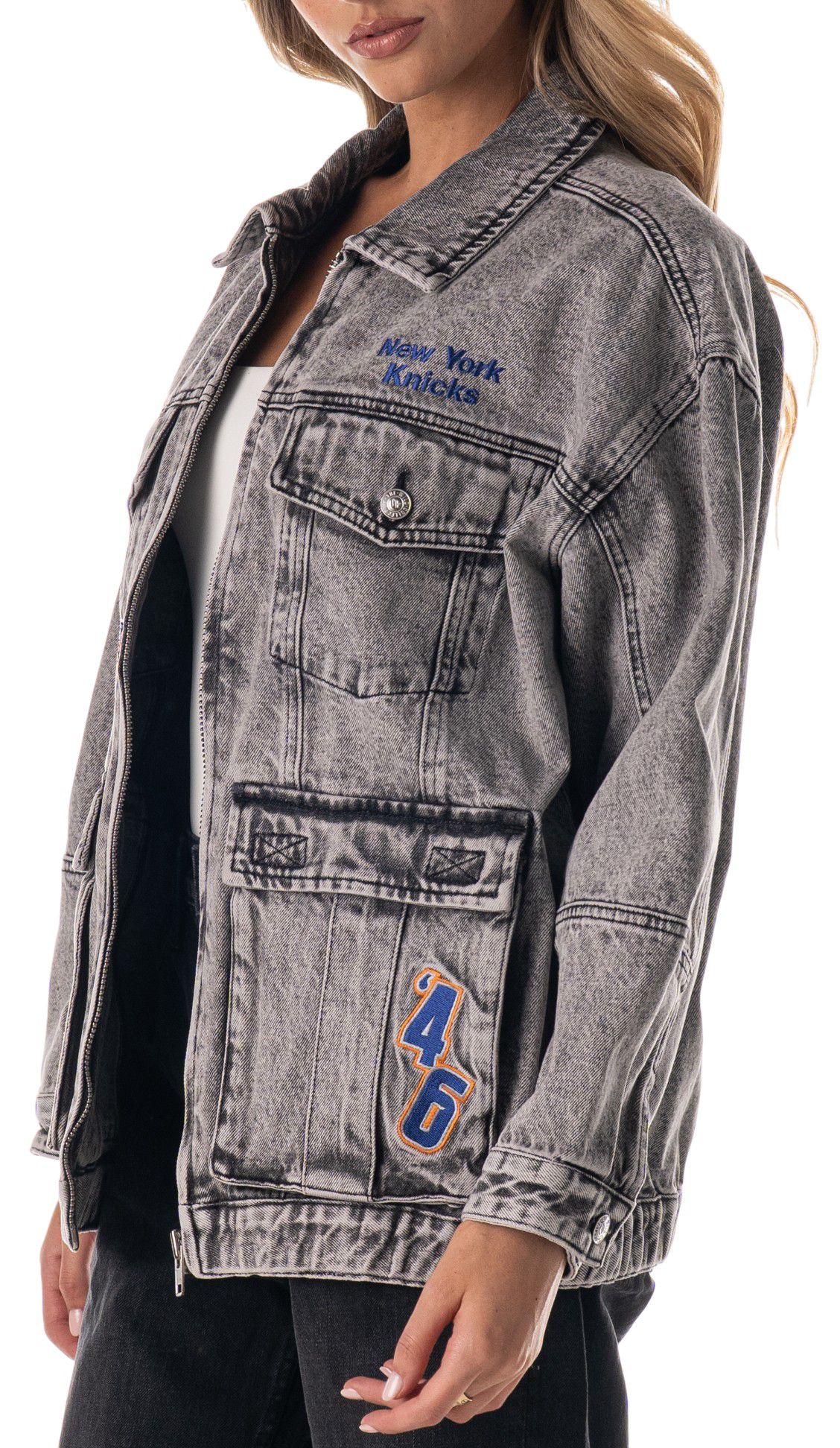 The Wild Collective Adult New York Knicks Grey Denim Cargo Jacket product image