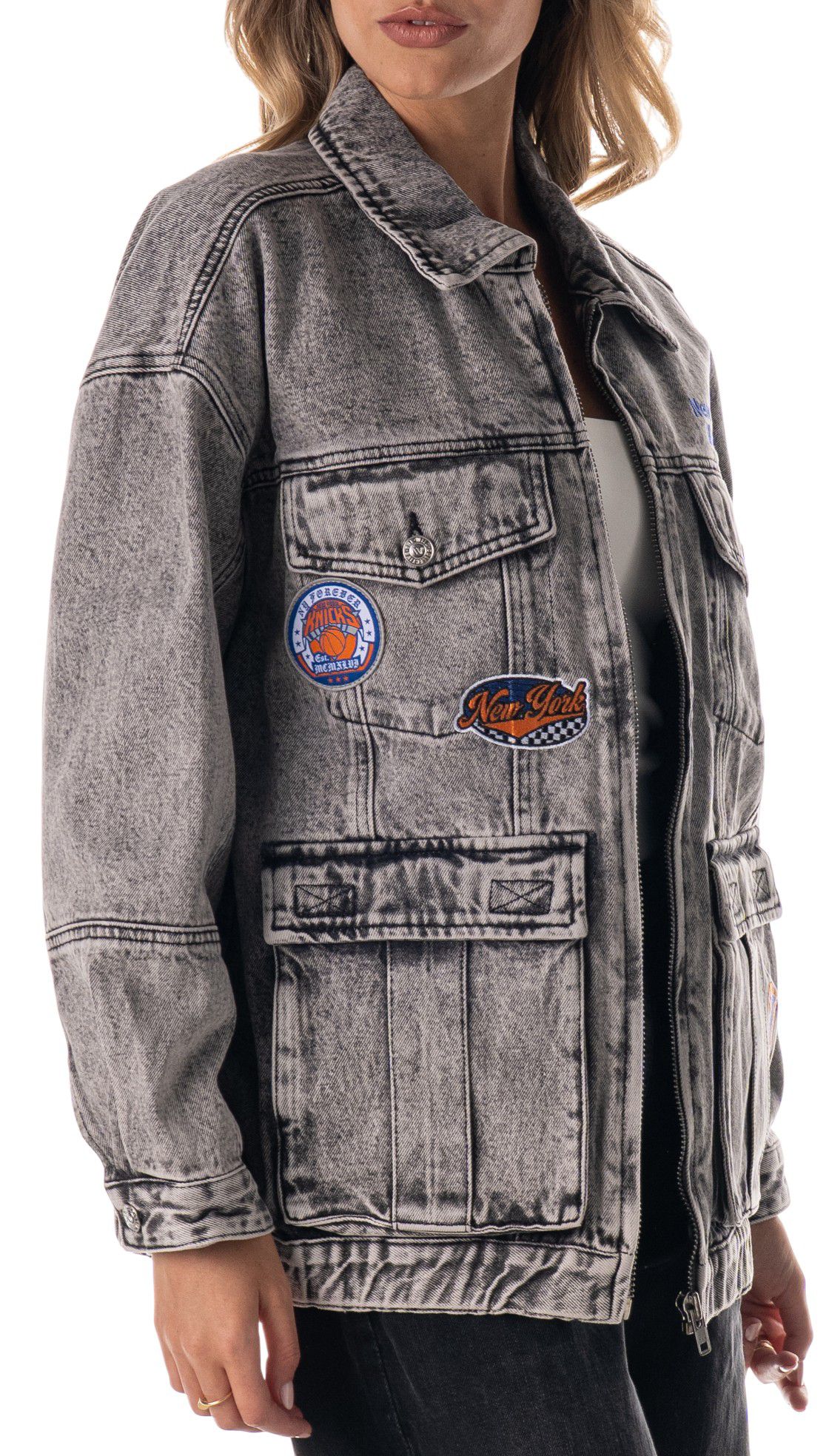 The Wild Collective Adult New York Knicks Grey Denim Cargo Jacket product image