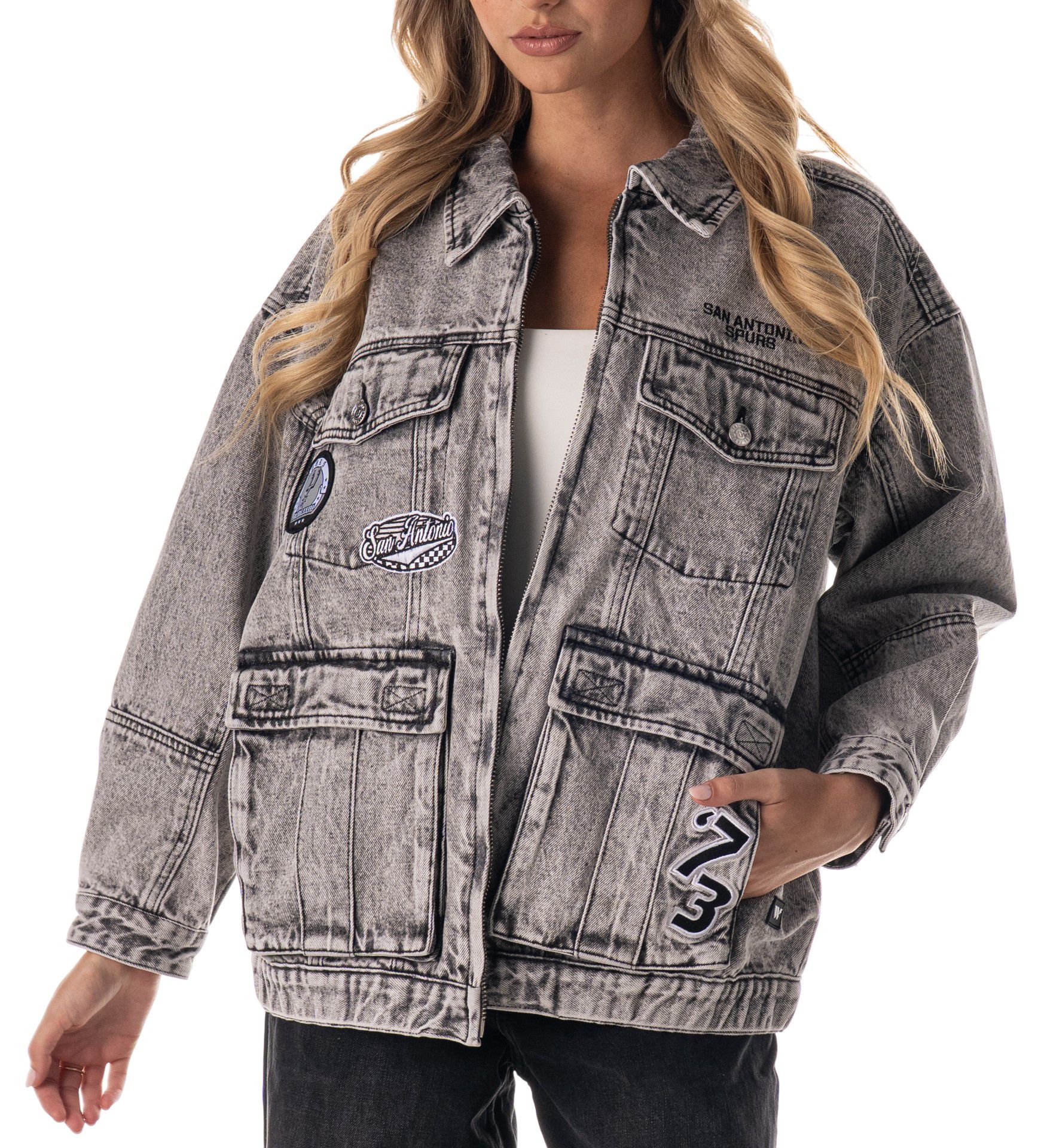The Wild Collective Adult San Antonio Spurs Grey Denim Cargo Jacket product image