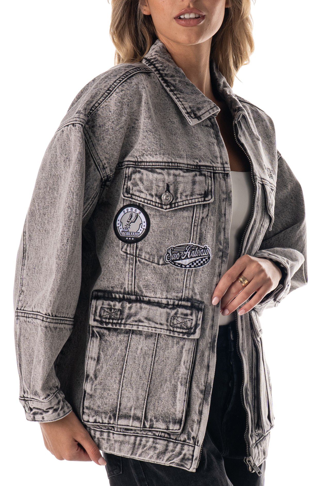The Wild Collective Adult San Antonio Spurs Grey Denim Cargo Jacket product image