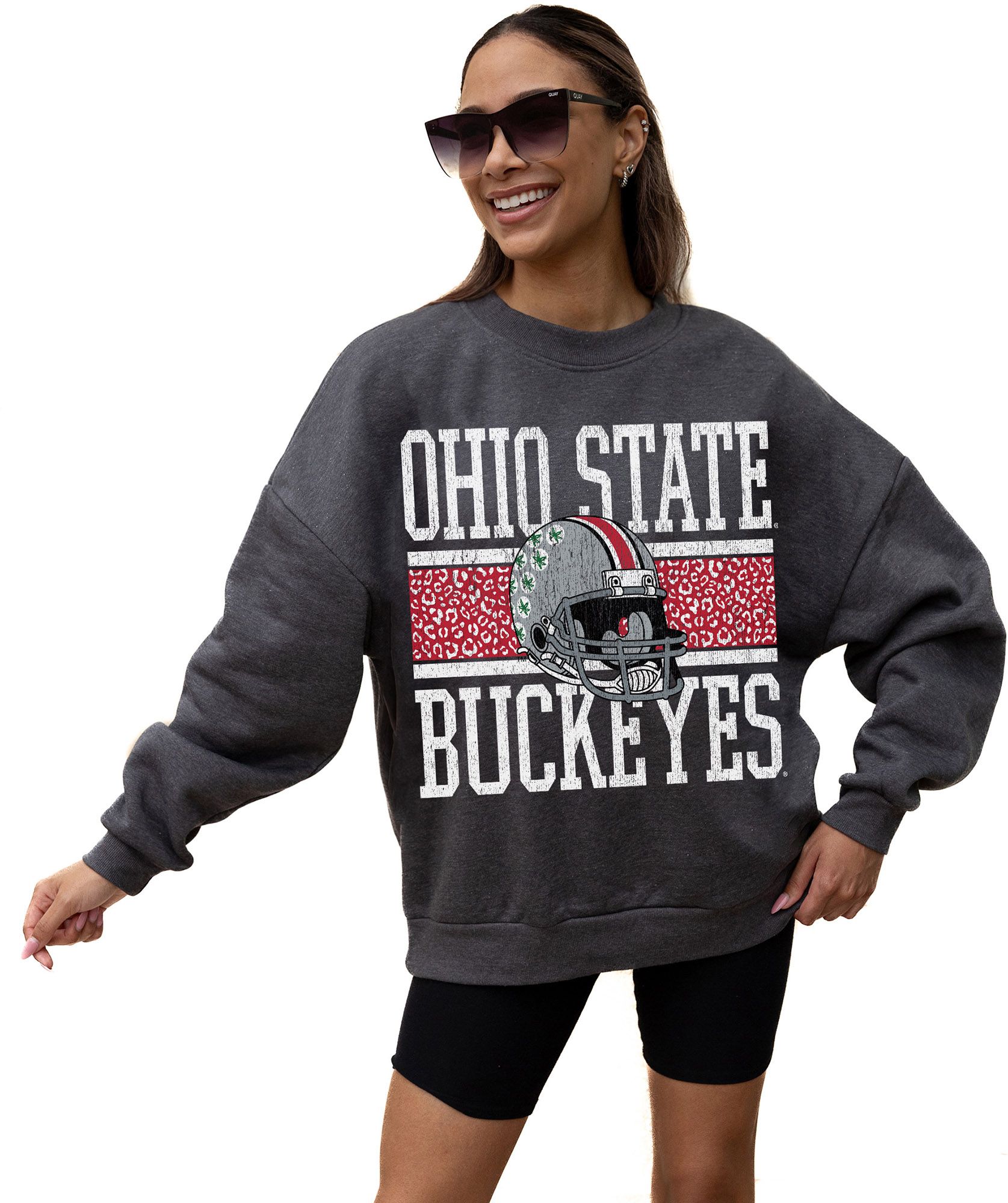 Gameday Couture Women's Ohio State Buckeyes Grey Leopard Football Crew Pullover Sweatshirt product image