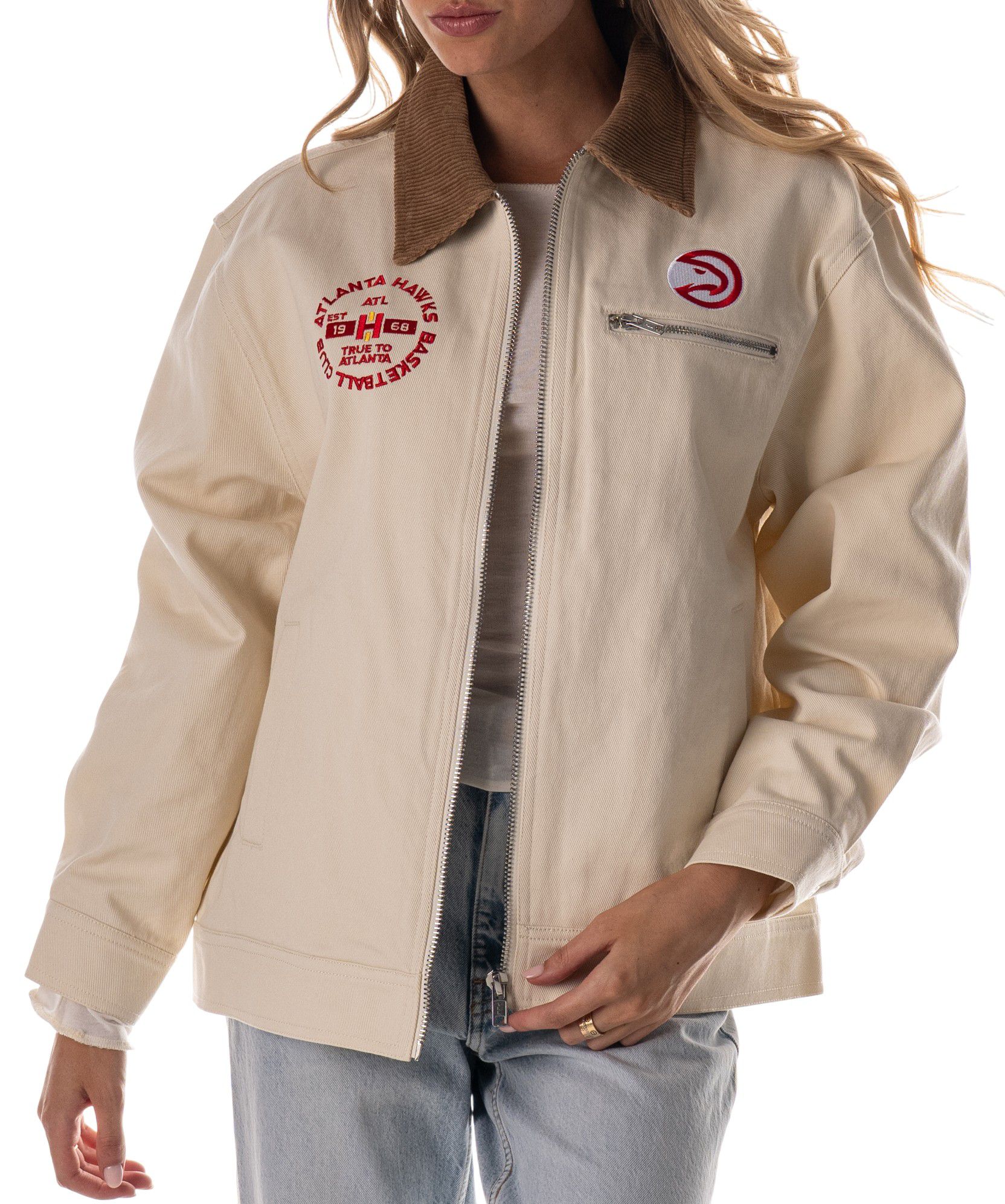 The Wild Collective Adult Atlanta Hawks Cream Full-Zip Denim Jacket product image