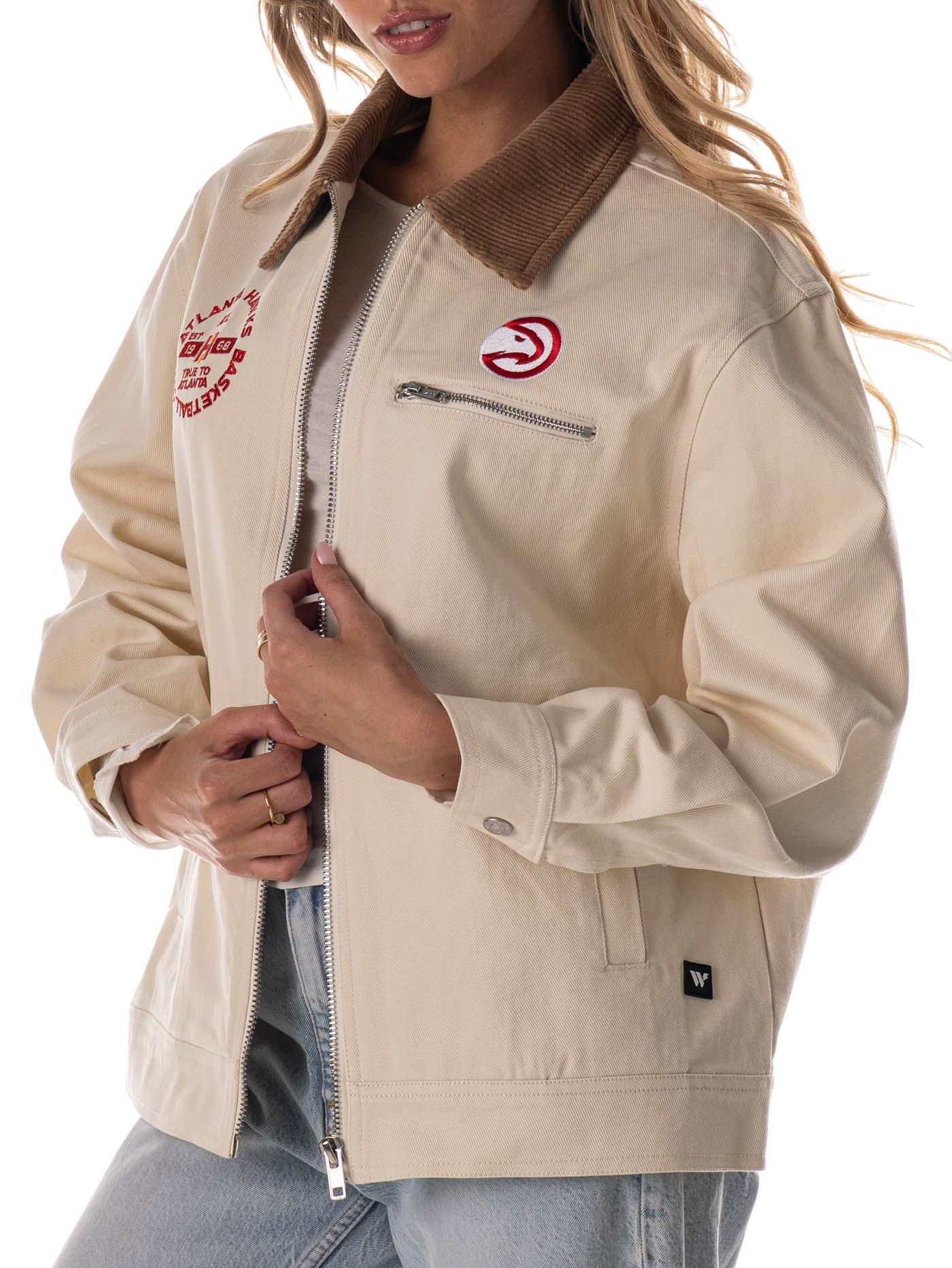 The Wild Collective Adult Atlanta Hawks Cream Full-Zip Denim Jacket product image