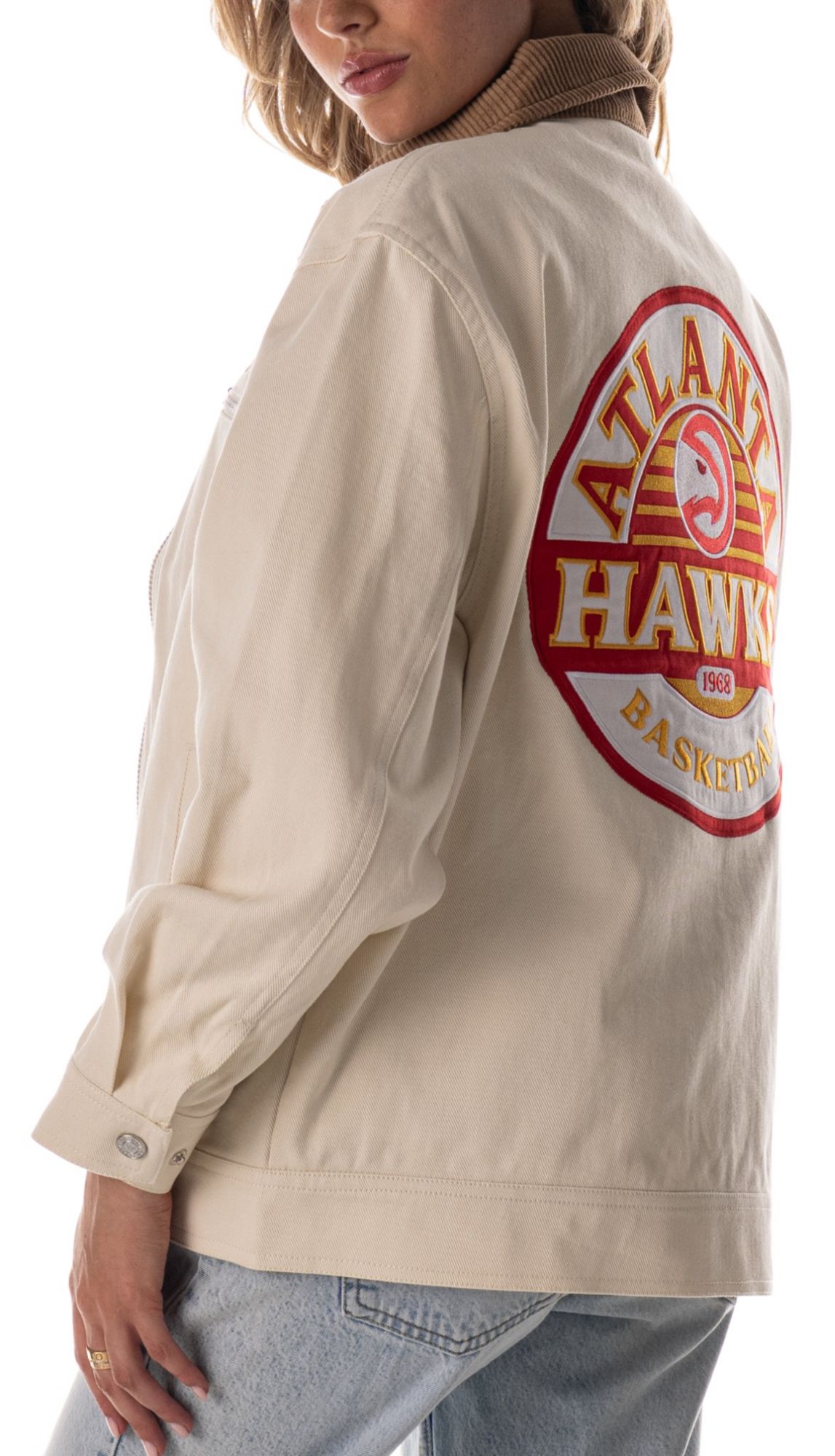The Wild Collective Adult Atlanta Hawks Cream Full-Zip Denim Jacket product image