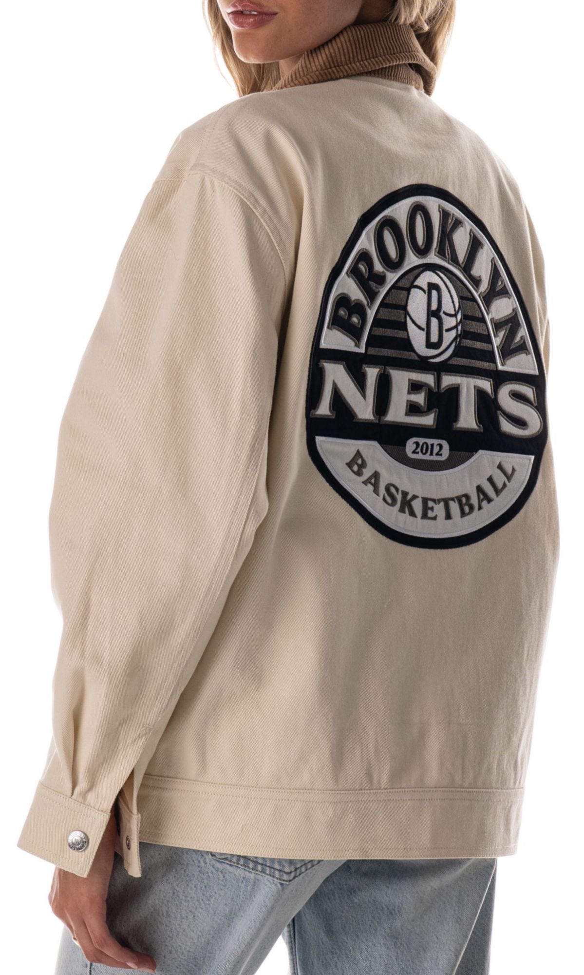 The Wild Collective Adult Brooklyn Nets Cream Full-Zip Denim Jacket product image