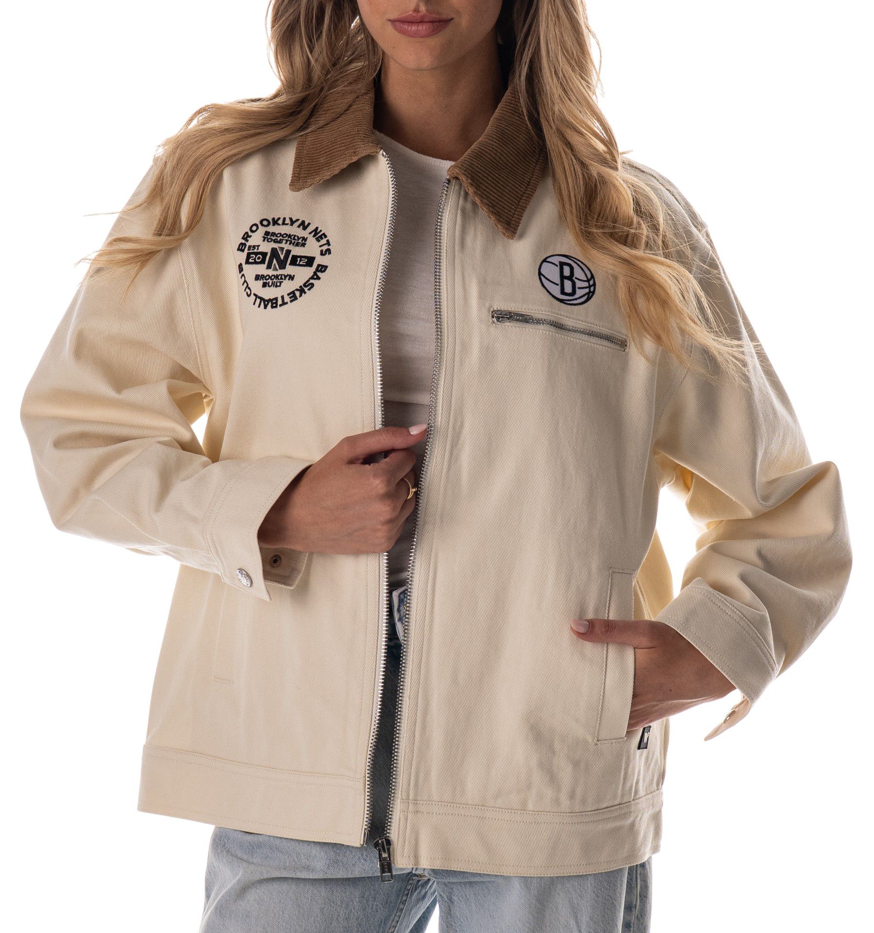 The Wild Collective Adult Brooklyn Nets Cream Full-Zip Denim Jacket product image