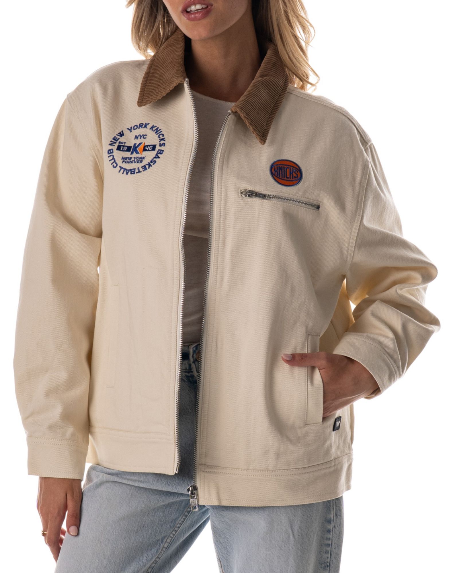 The Wild Collective Adult New York Knicks Cream Full-Zip Denim Jacket product image