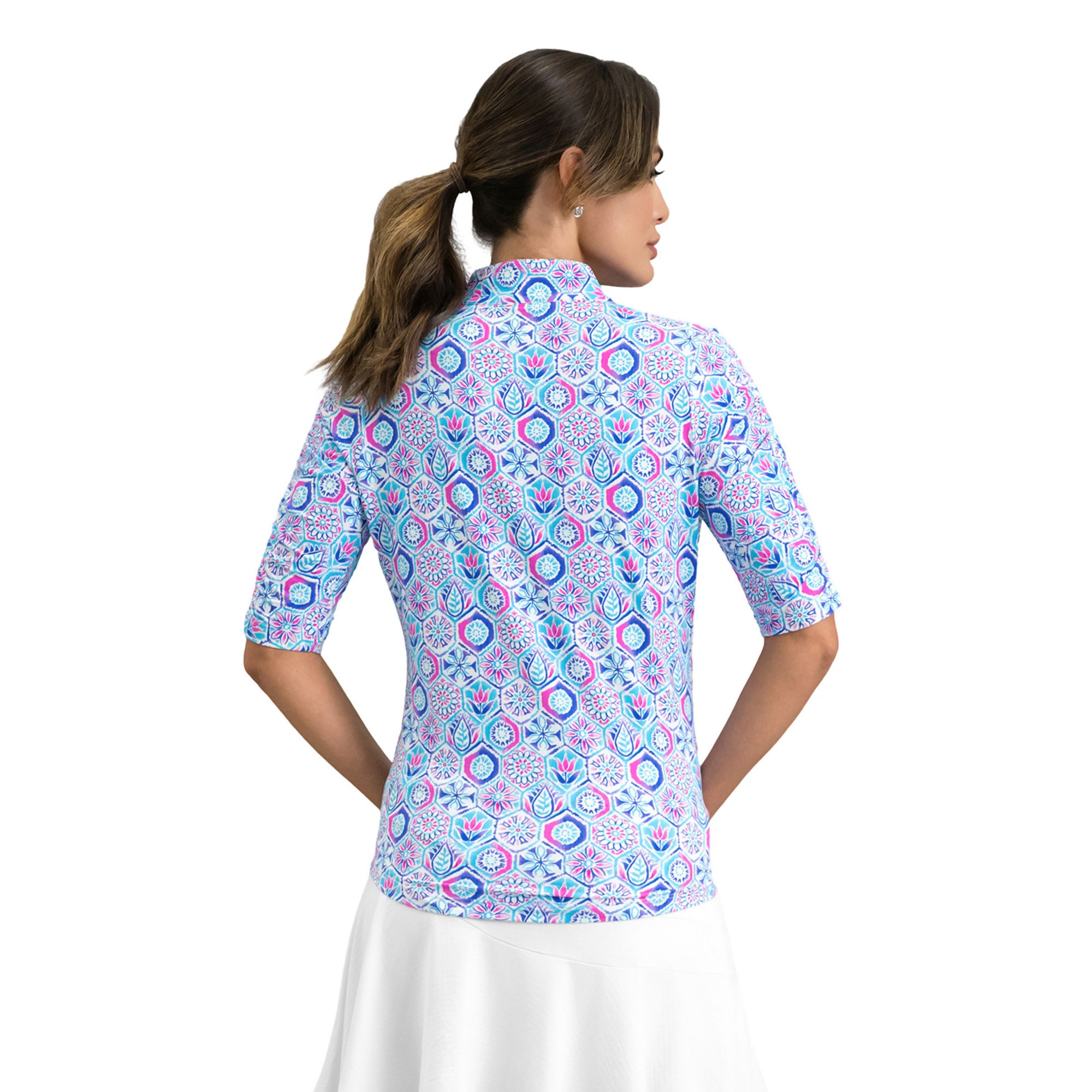 IBKUL Women's Alexis Ruched Elbow Sleeve Mandarin Collar ¼ Zip Golf Shirt product image