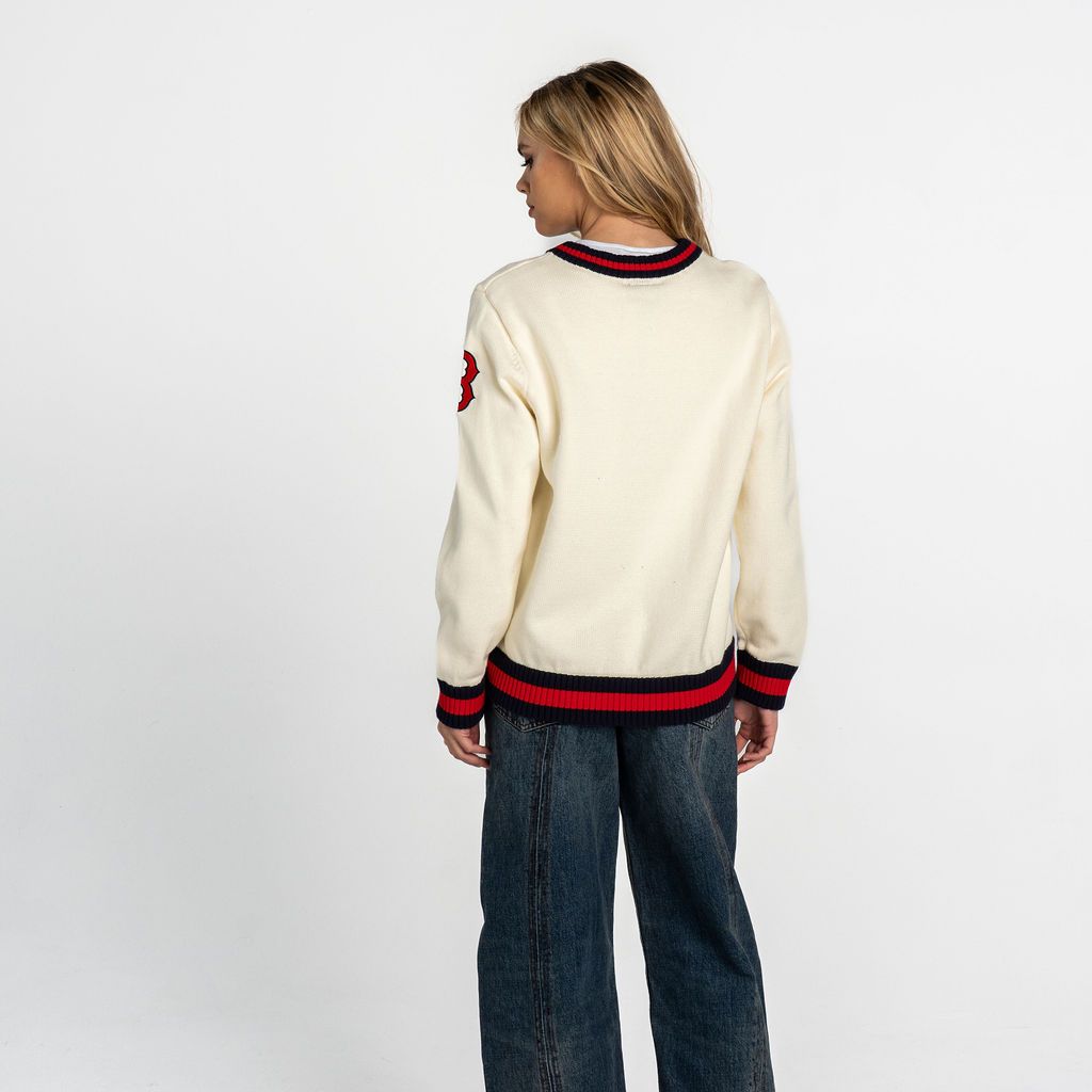 The Wild Collective Women's Boston Red Sox Cream Jacquard V-Neck Sweater product image