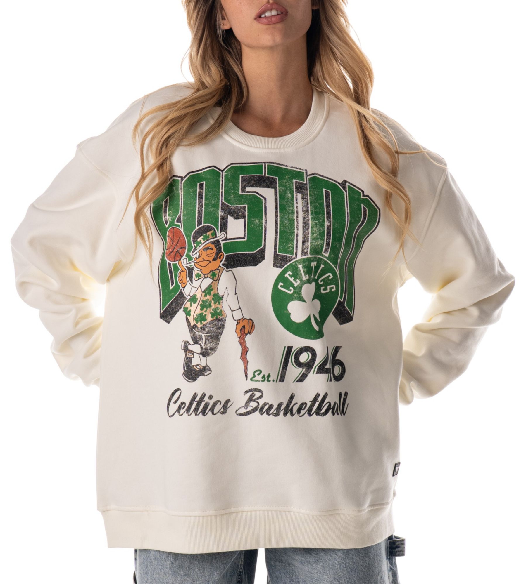 The Wild Collective Adult Boston Celtics Off-White Graphic Crewneck Sweatshirt product image