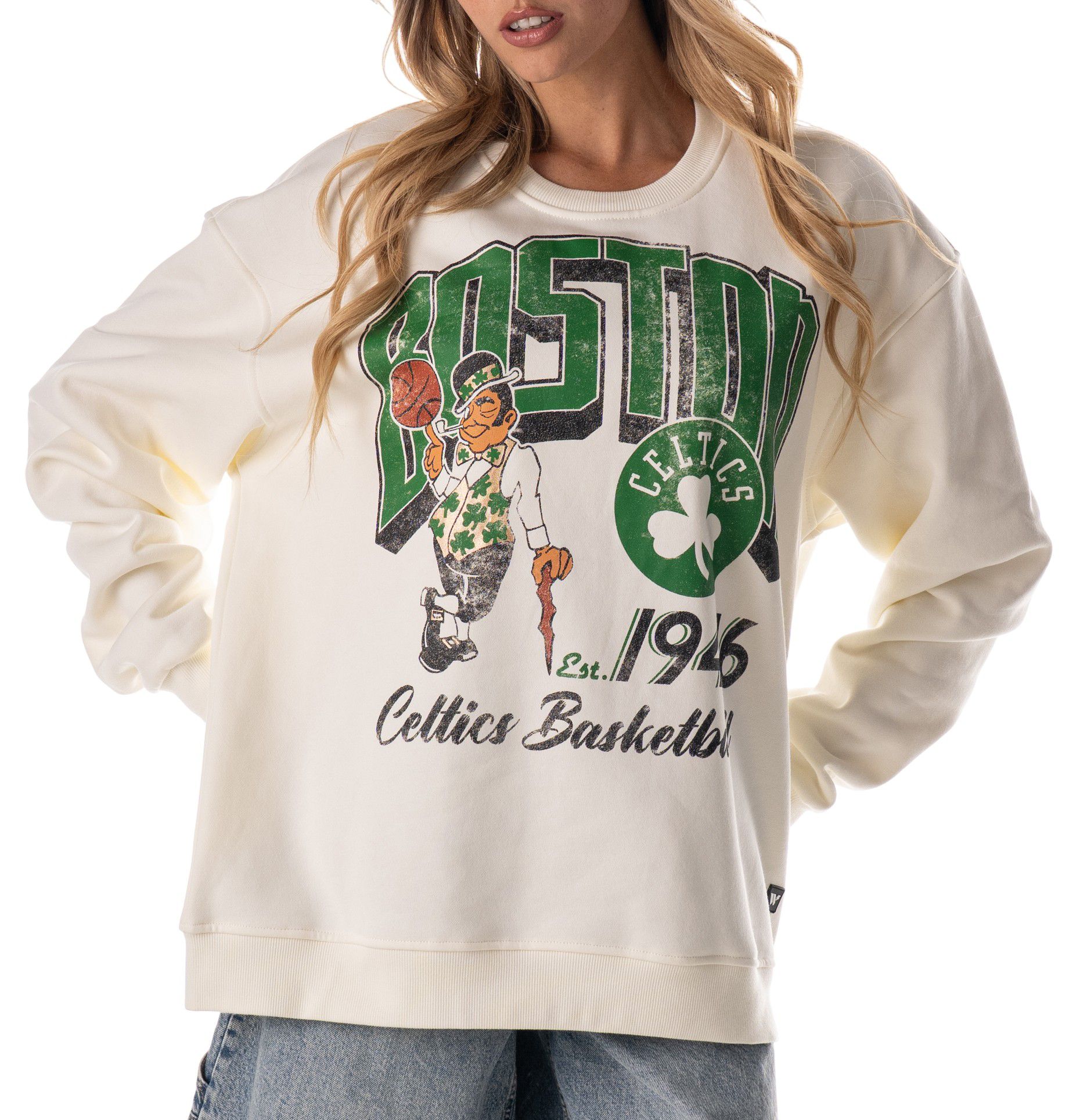 The Wild Collective Adult Boston Celtics Off-White Graphic Crewneck Sweatshirt product image