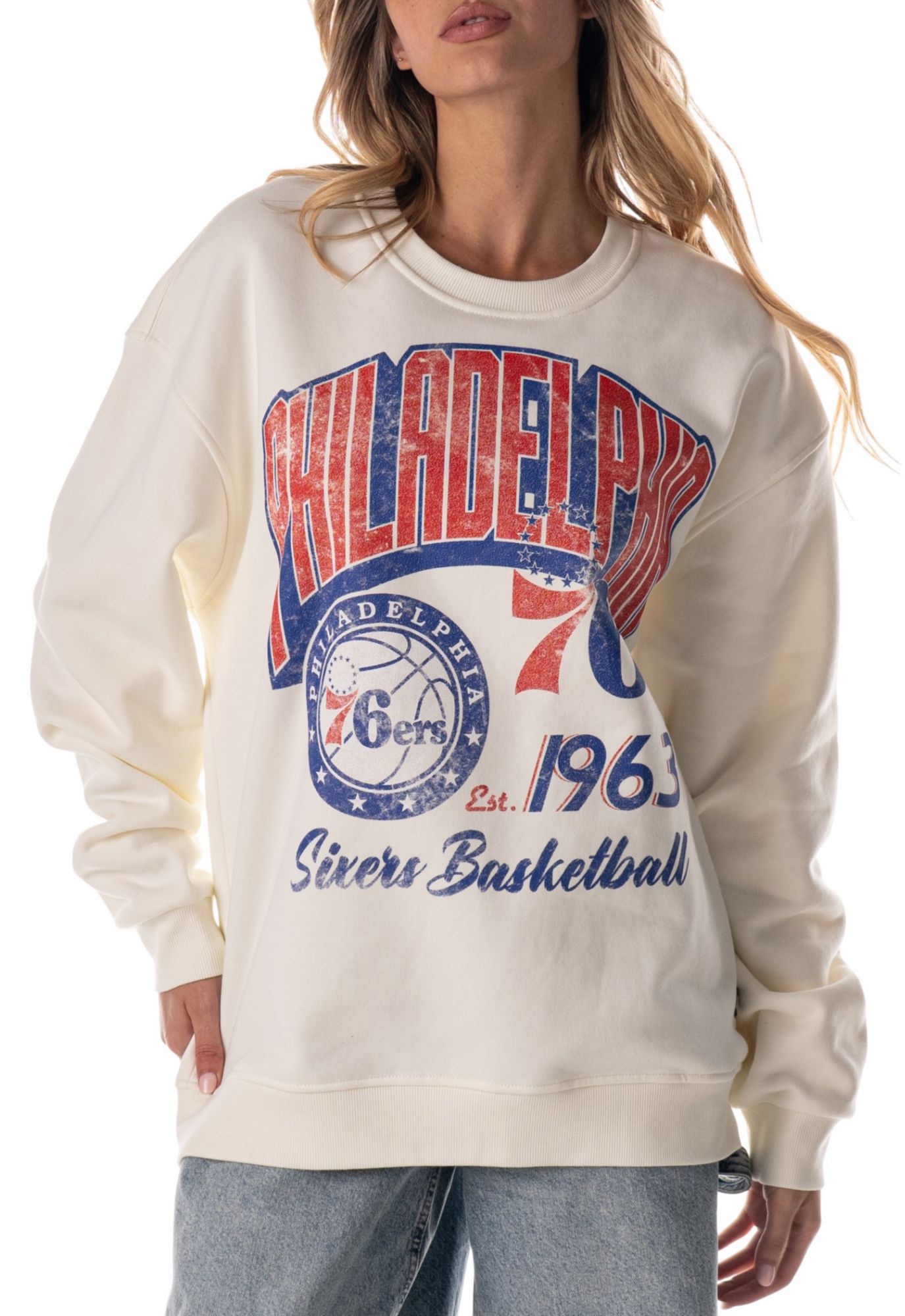 The Wild Collective Adult Philadelphia 76ers Off-White Graphic Crewneck Sweatshirt product image