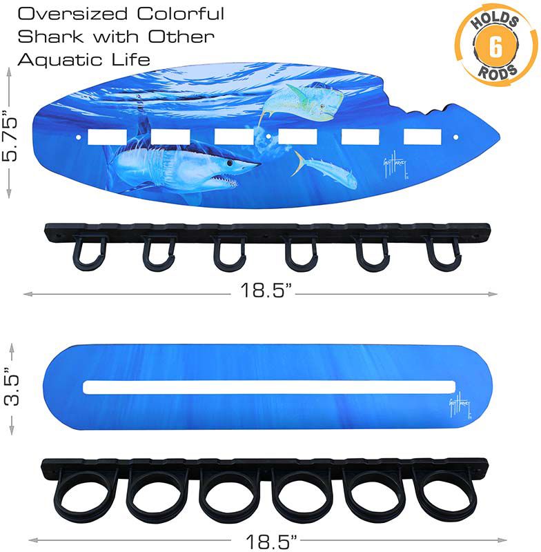 Rush Creek Guy Harvey Shark Bite Fishing Wall Storage 6 Rod Holder product image