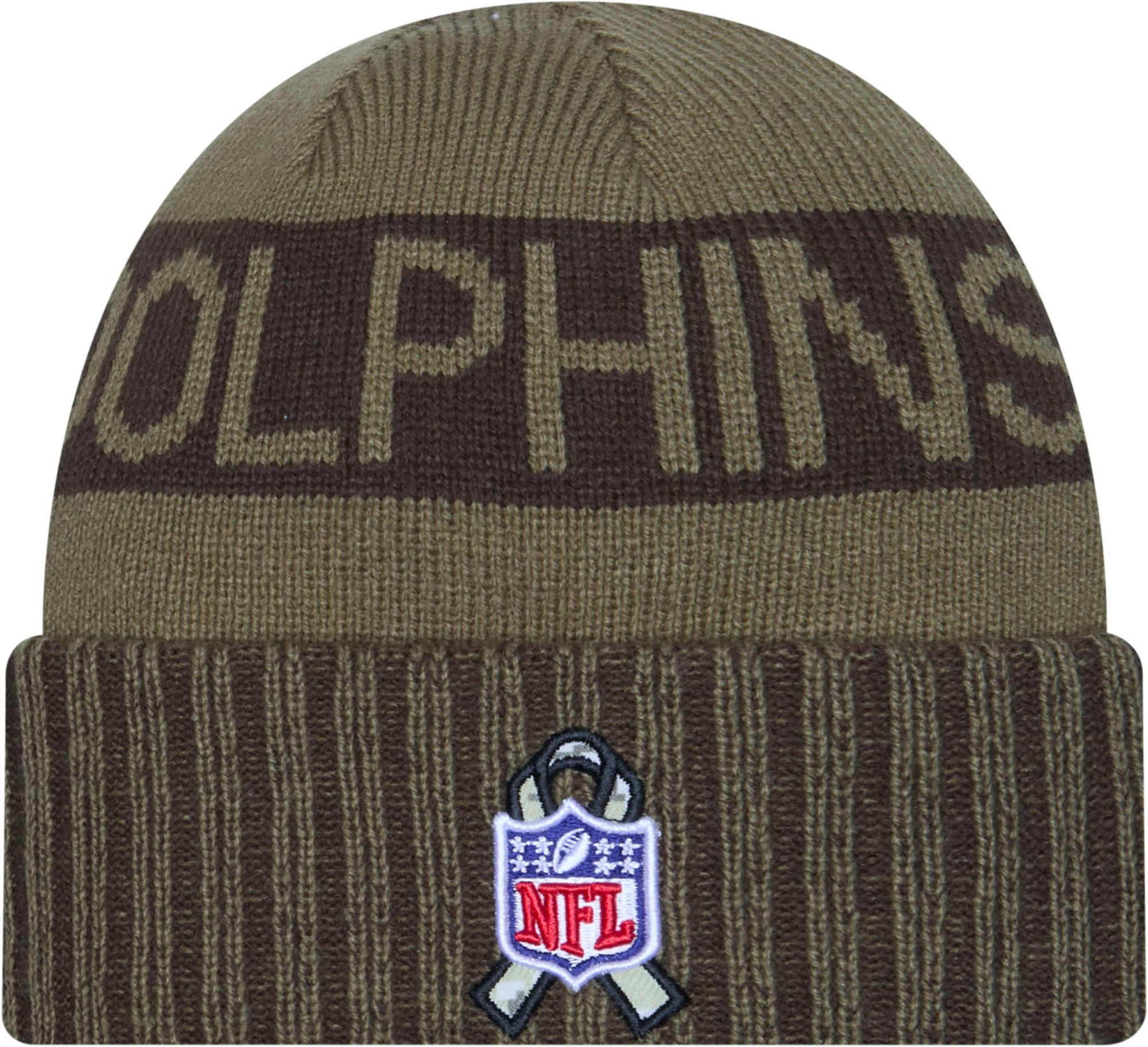 New Era Adult Miami Dolphins Salute To Service 2025 Olive Green Knit Beanie product image