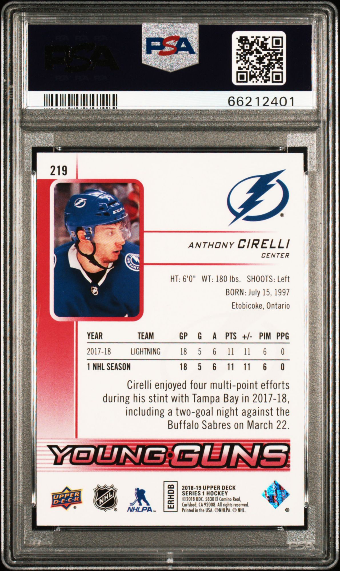 2018 Upper Deck 219 Anthony Cirelli Exclusives PSA 10 product image