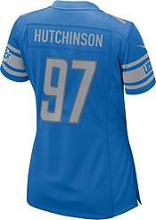 Women's Majestic Threads Aidan Hutchinson Blue/White Detroit Lions Dip-Dye  Player Name & Number Crop Top