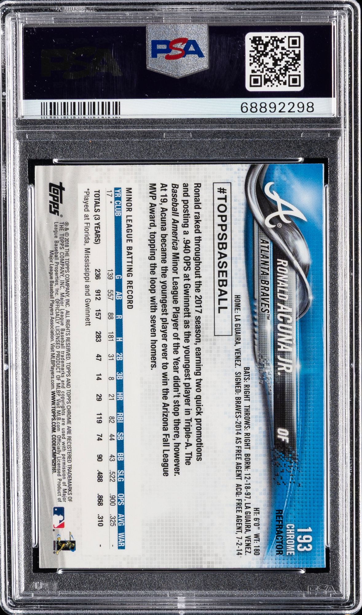 2018 Topps Chrome 193 Ronald Acuna Jr. Sepia Refractor PSA 9 product image