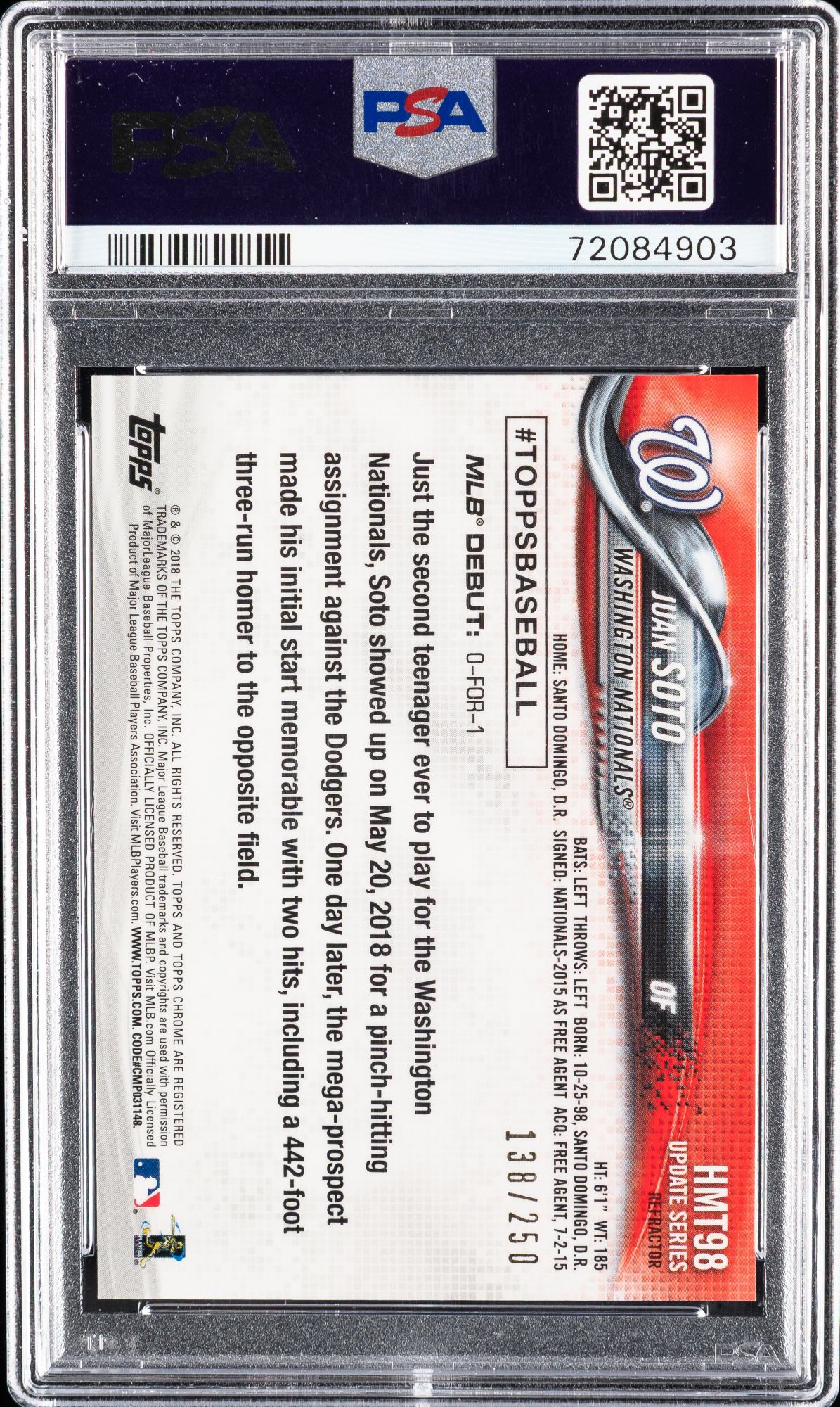 2018 Topps Chrome Update HMT98 Juan Soto Refractor PSA 9 product image